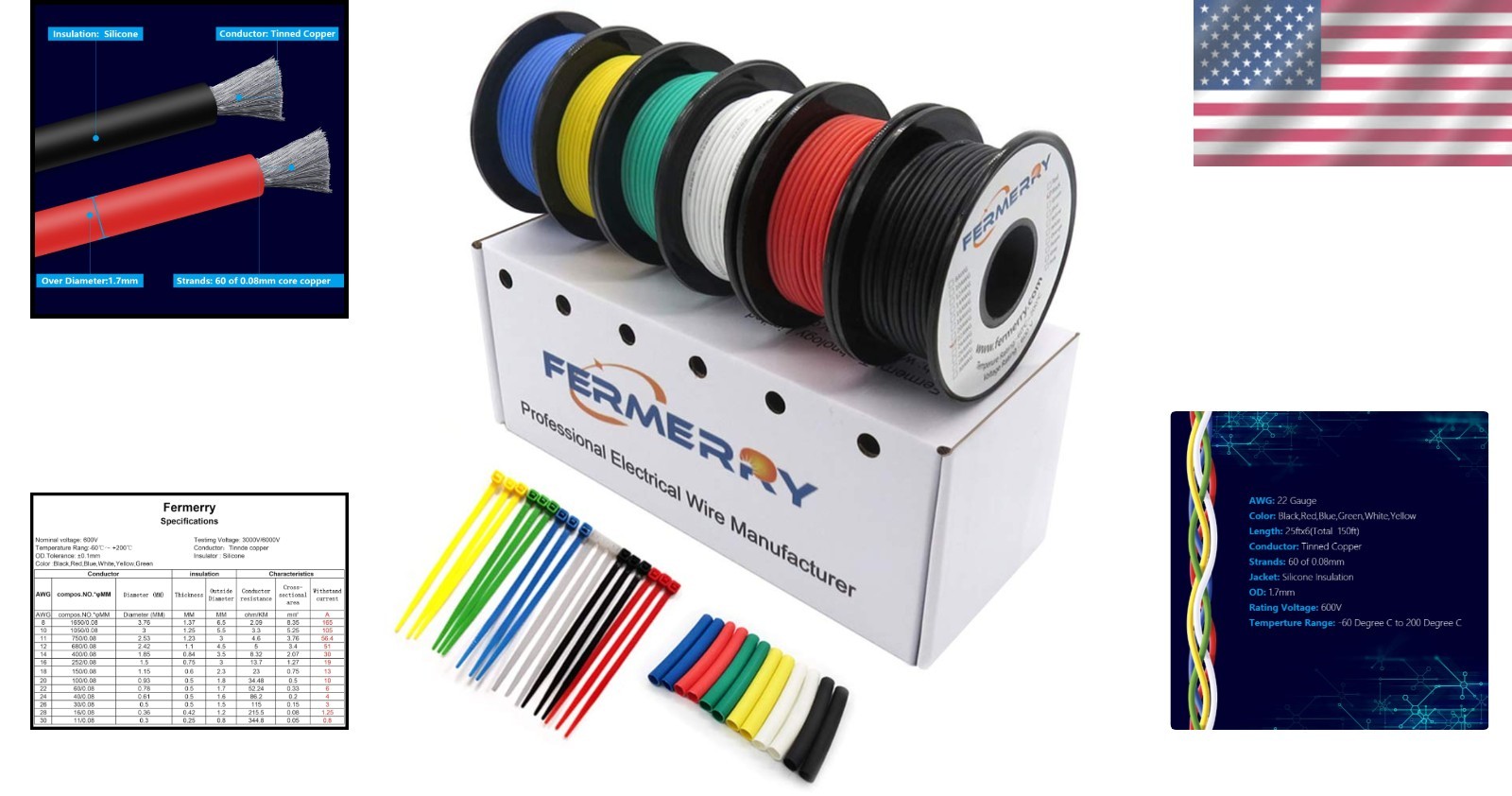 22 Gauge Silicone Hook Up Wire 25 Feet Each in Yellow Blue Green Red Black White