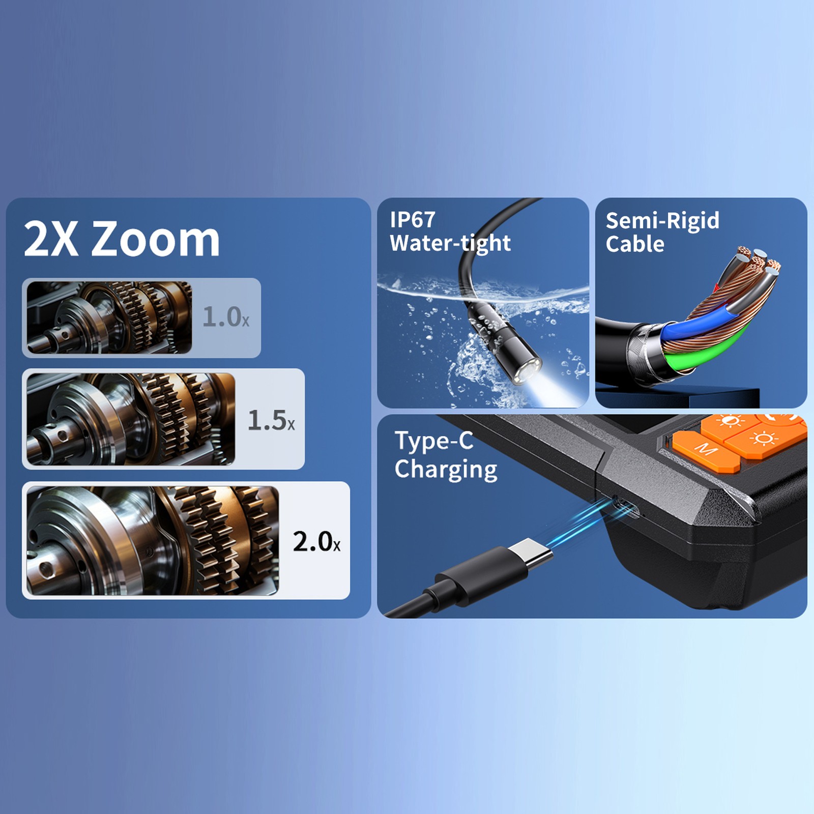 Industrial Borescope Inspection Camera IP67 Waterproof Endoscope 4.3» 1080P