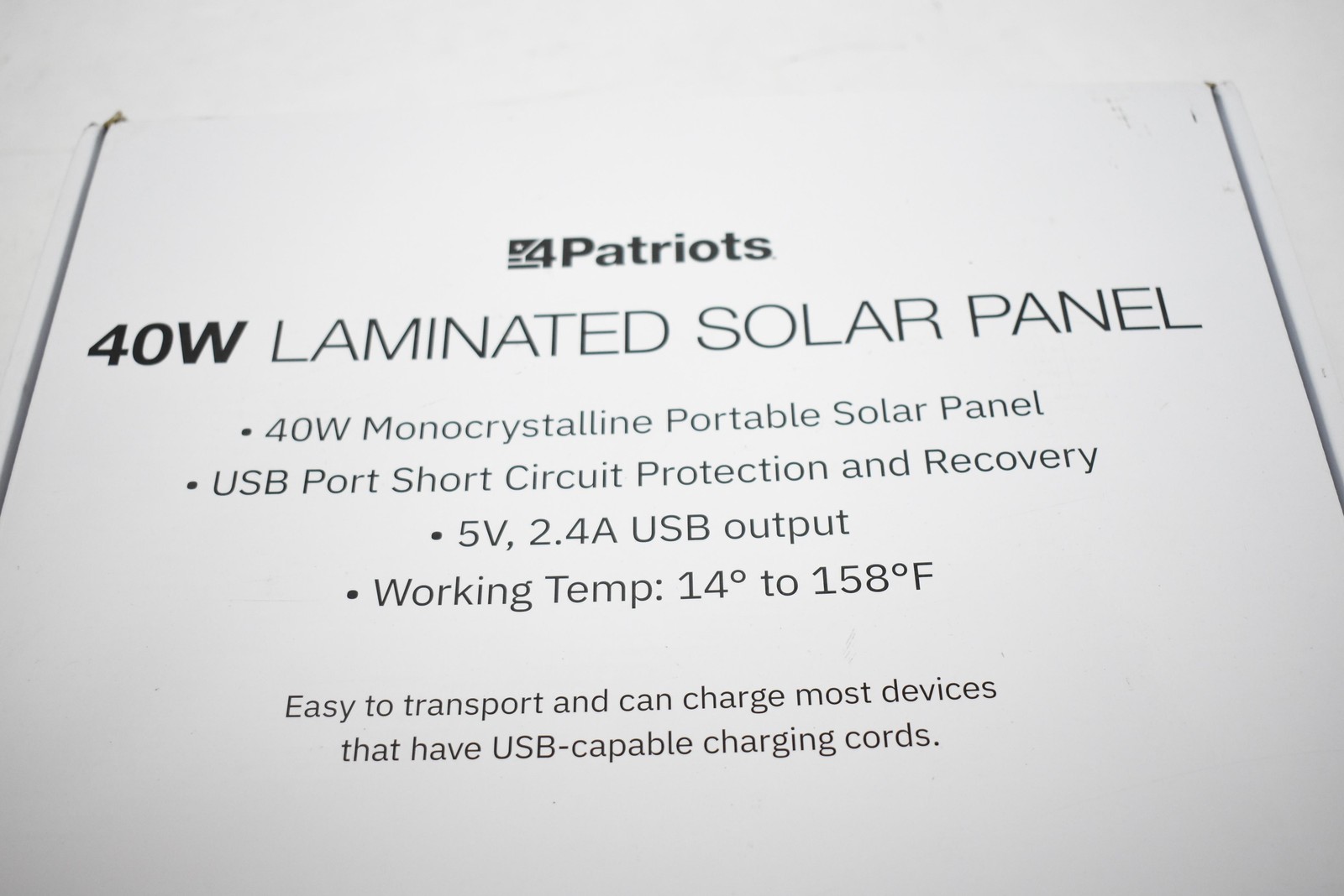 4Patriots 40W Laminated Monocrystalline Portable Solar Panel USB Output Charger