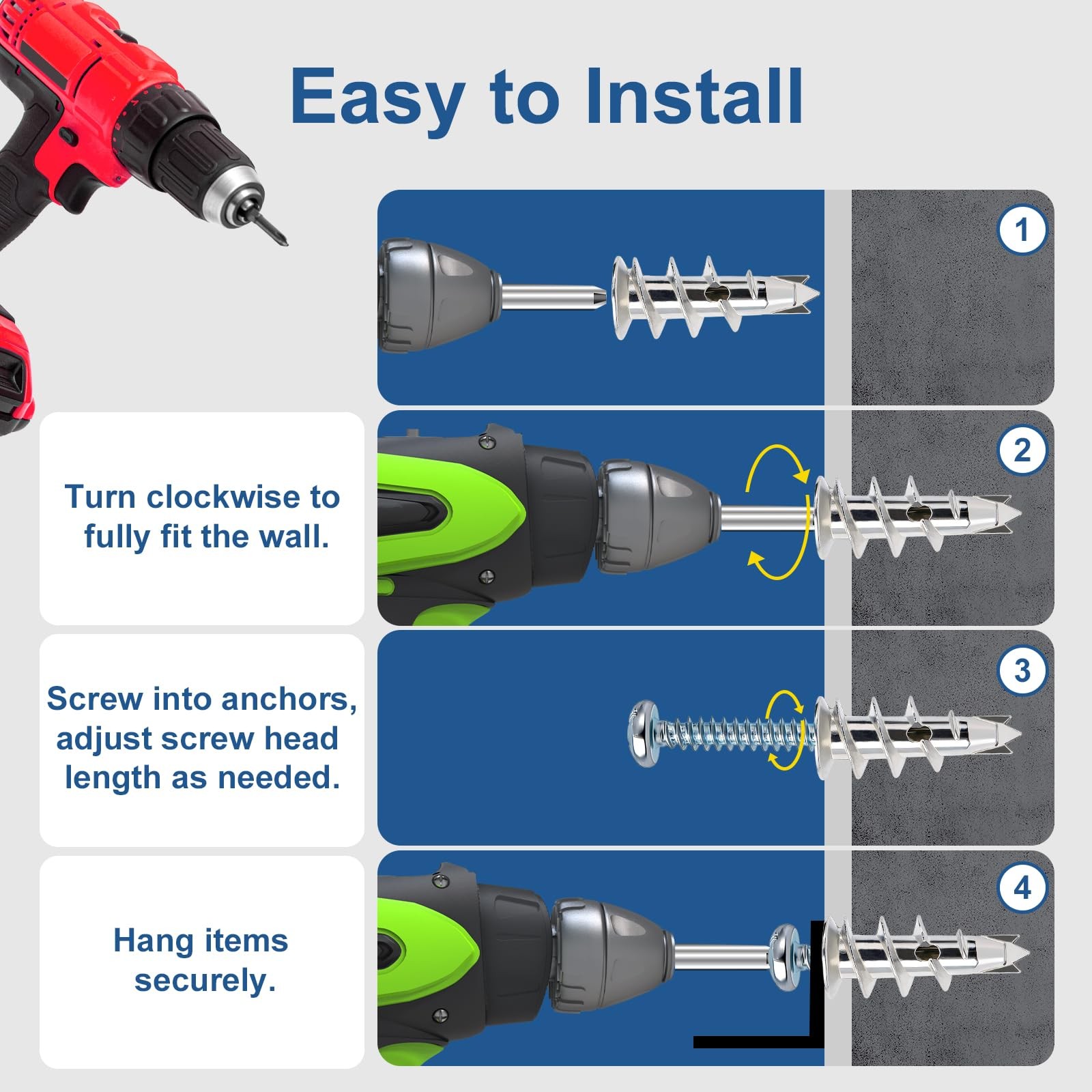 116 Heavy Duty Zinc Self-Drilling Drywall Anchors & Screws Kit, 50lb Capacity