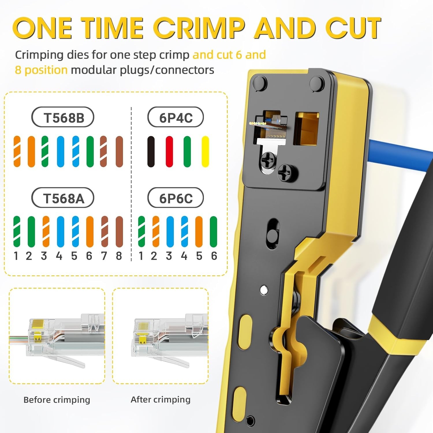 Ethernet Crimp Tool for RJ11/RJ12, RJ45 Pass Through Connectors, Yellow Crimper