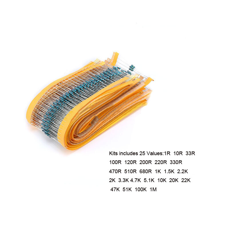 1Set 1/4W ±1% Metal Film Resistor Kit 1Ω-1MΩ 25Values 50Pcs/Value 1250pcs In All