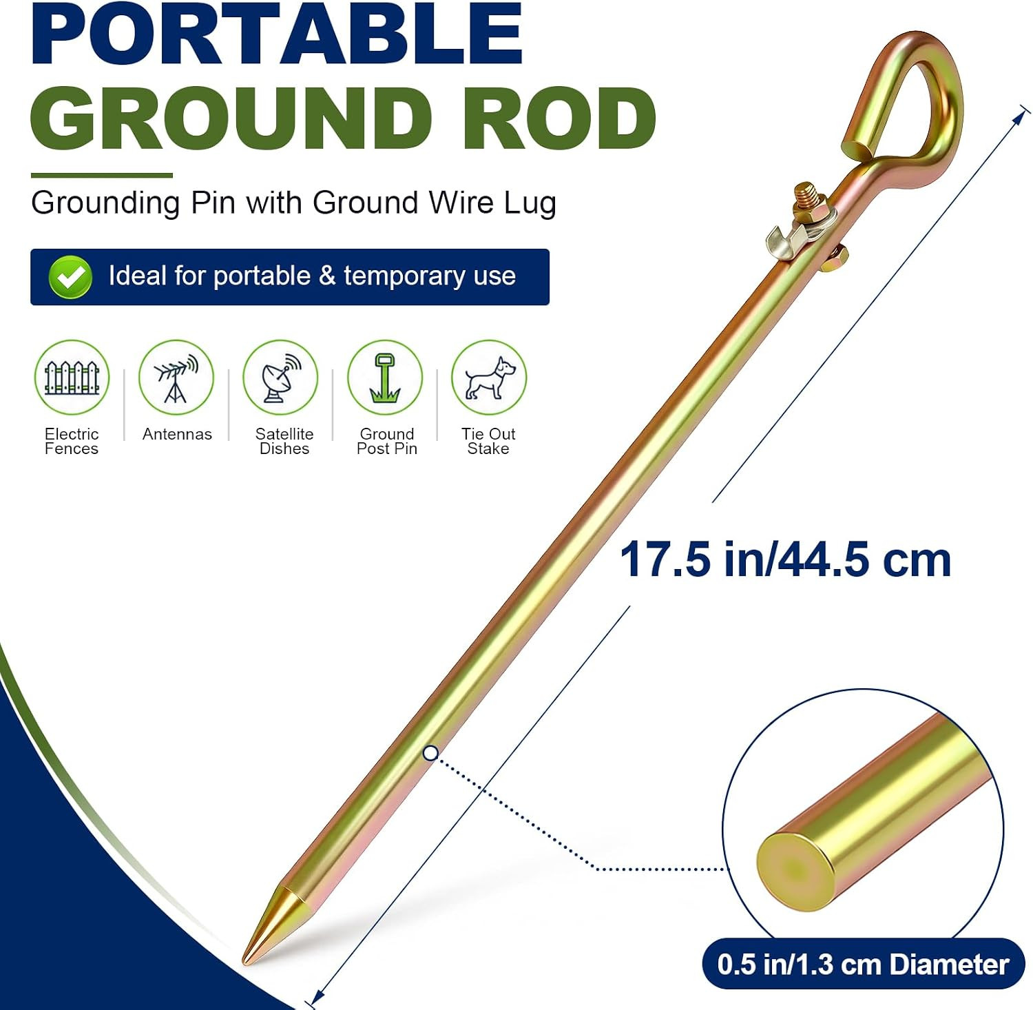 Portable Grounding Rod – 17.5″ Solid Steel Ground Rod for Electric Fence, Earthi
