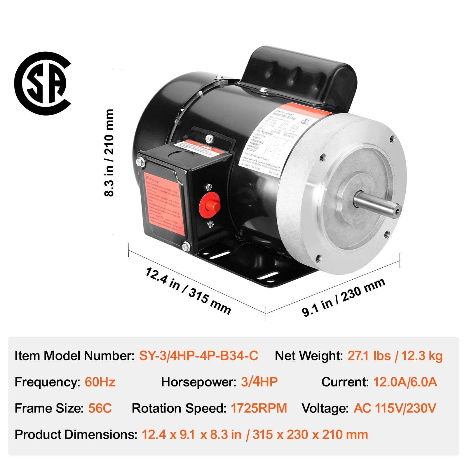 0.75HP Electric Motor 1725 rpm,AC 115V/230V,56C Frame,Air Compressor Motor