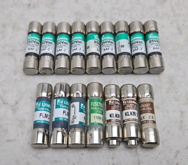 Mixed Lot of 16 Bussmann Littelfuse 2A Fuses BAF-2 FNM-2 KLKR2 KLK2A FLM2 Read