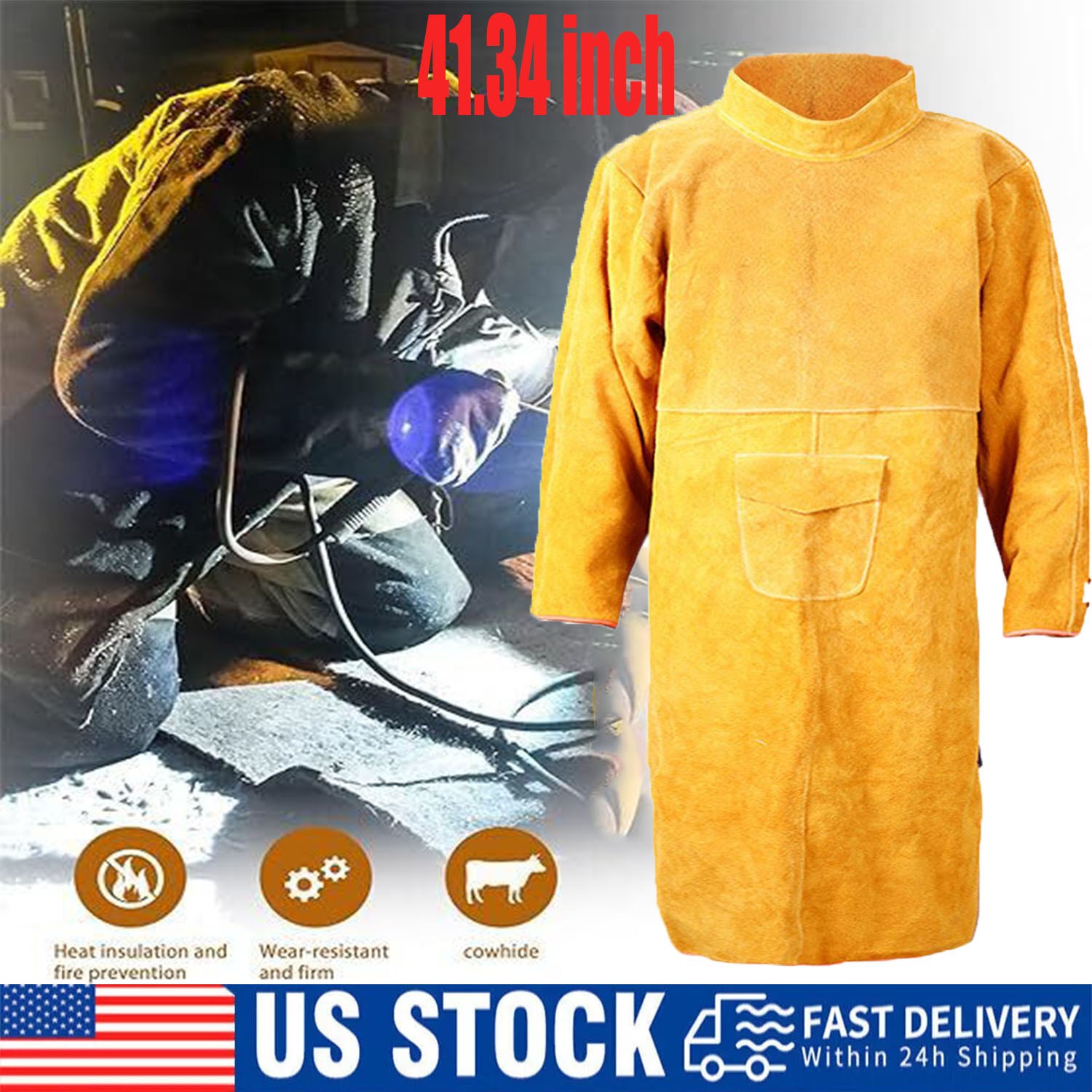 41.33 inch Cowhide Leather Welding Jacket Coat Flame-Resistant Welder for Men US