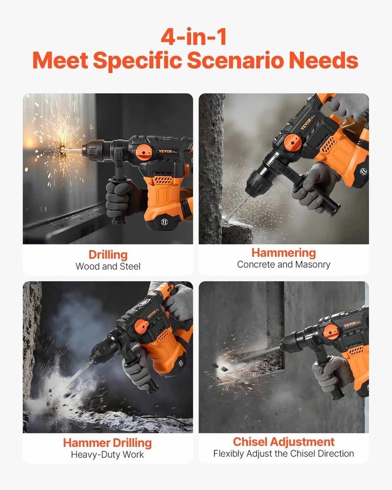 Rotary Hammer Drill Corded Drills 1-1/4″ 4 Modes SDS-Plus Chipping Hammers