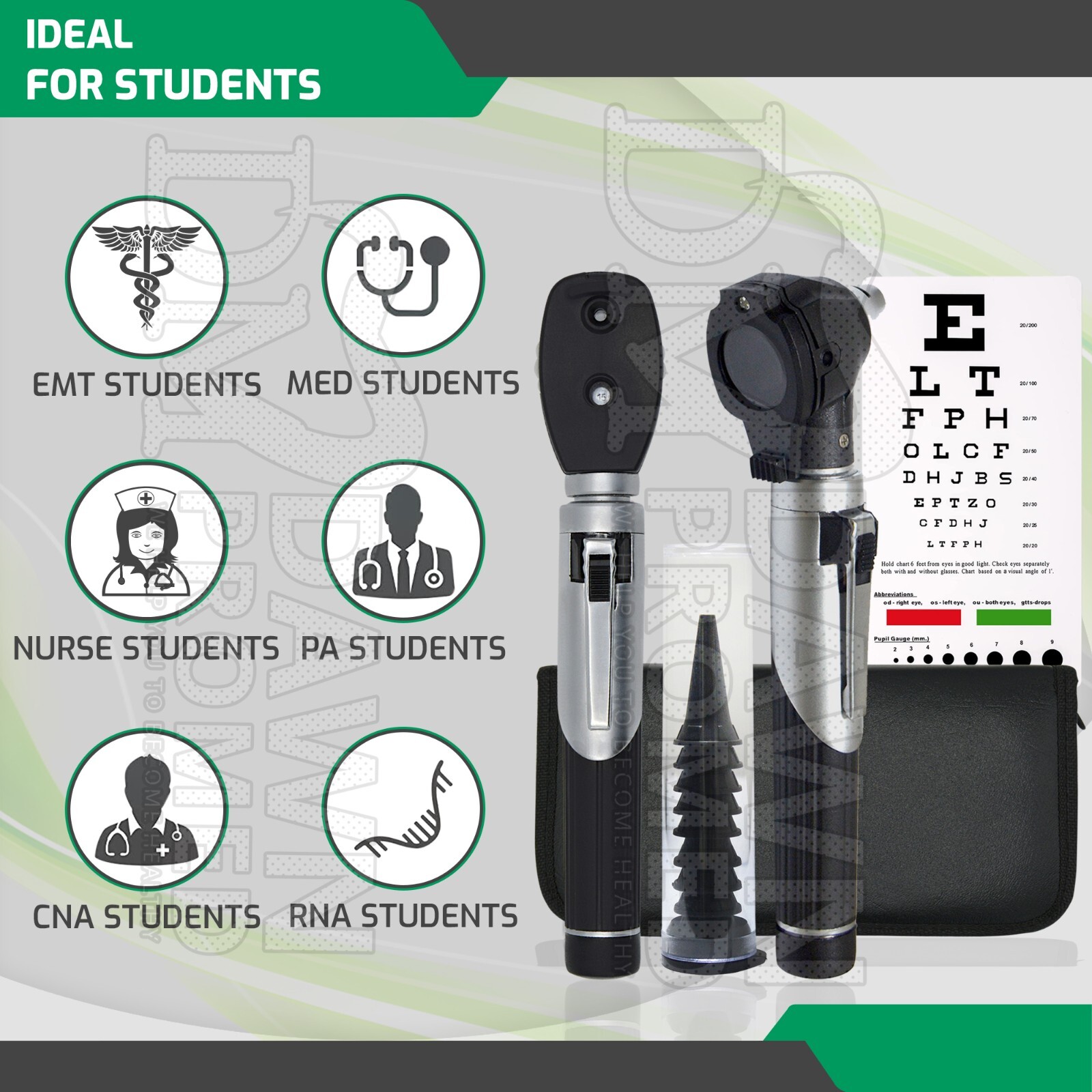Fiber Optic Otoscope & Ophthalmoscope Examination LED Diagnostic ENT Set (Black)
