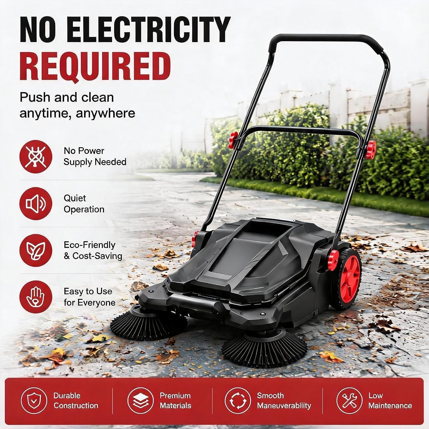 Walk-Behind Push Sweeper W/ Dual Brushes No Electricity for Patio Sidewalk Shop