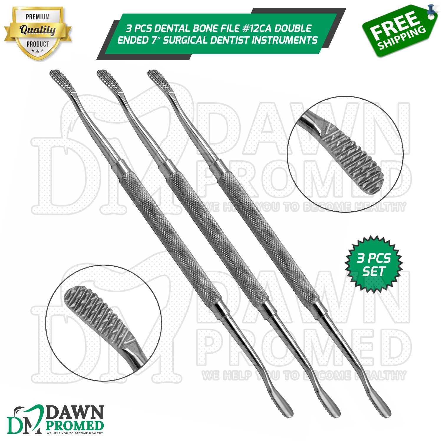 3 Pcs Dental Bone File #12CA Double Ended 7″ Surgical Dentist Instruments