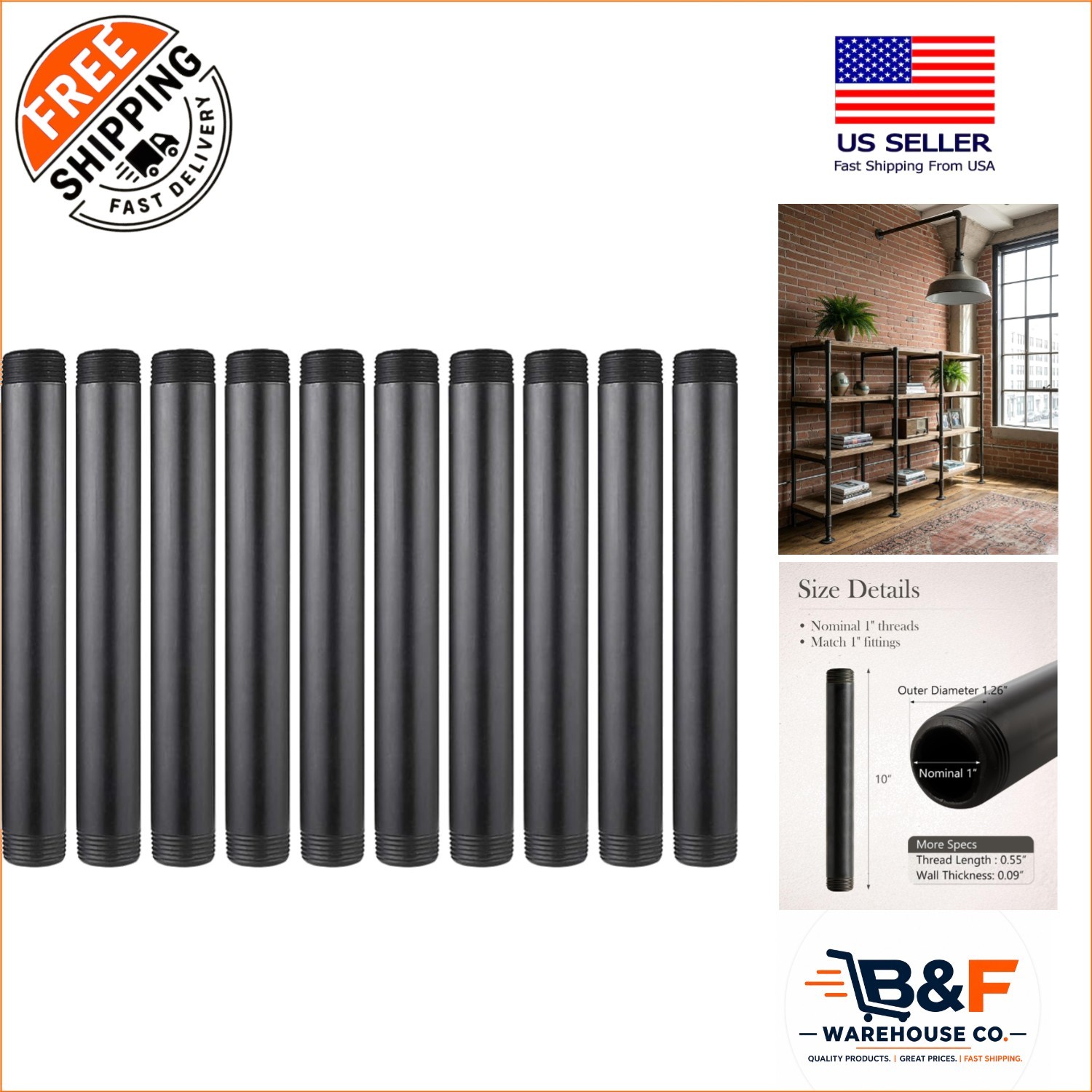 10-Pack 1″ x 10″ Black Malleable Iron Pipe Nipples for Industrial DIY Projects