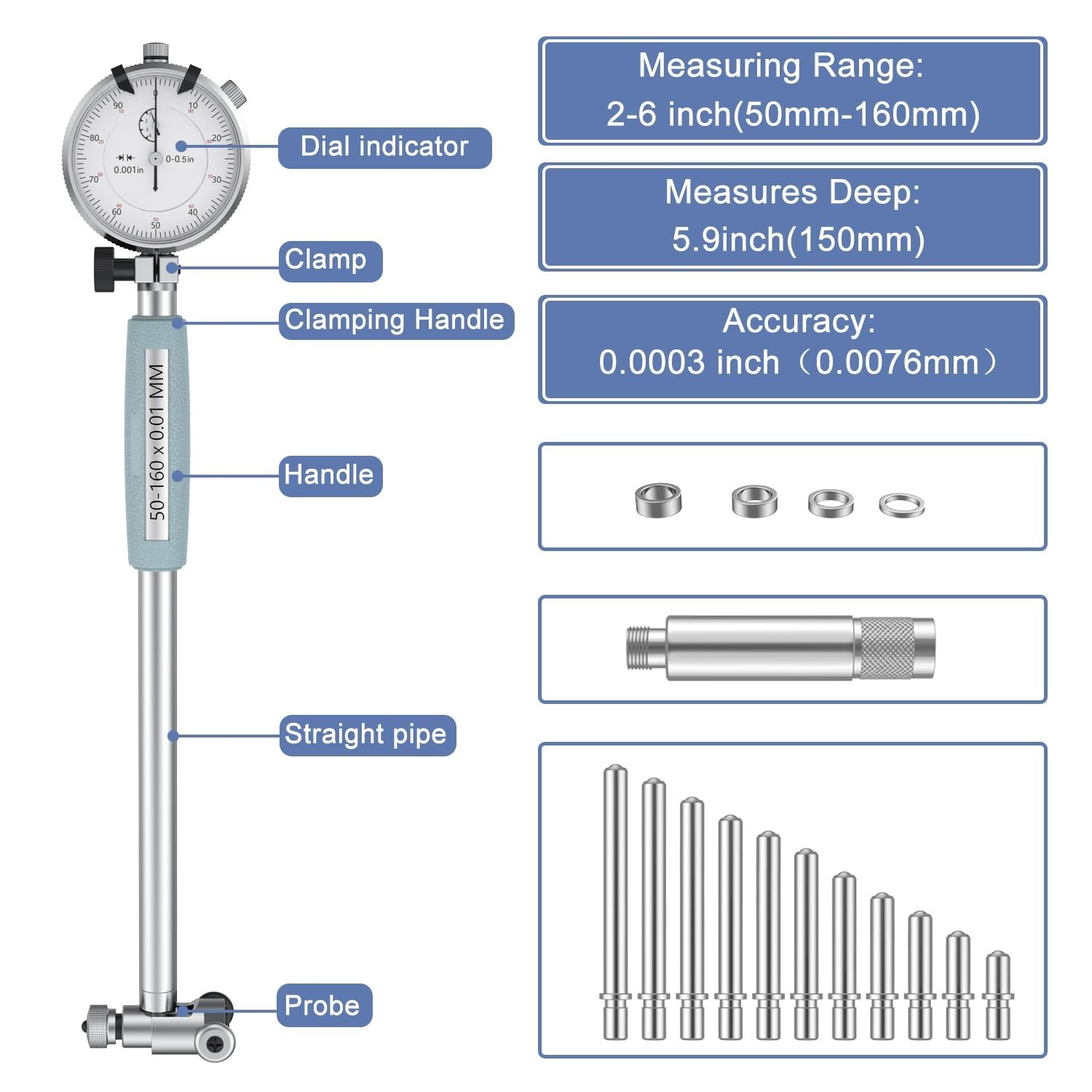 HDLNKAK Dial Indicator Bore Gauge 2-6″ /0.001″ Internal Diameter Tool