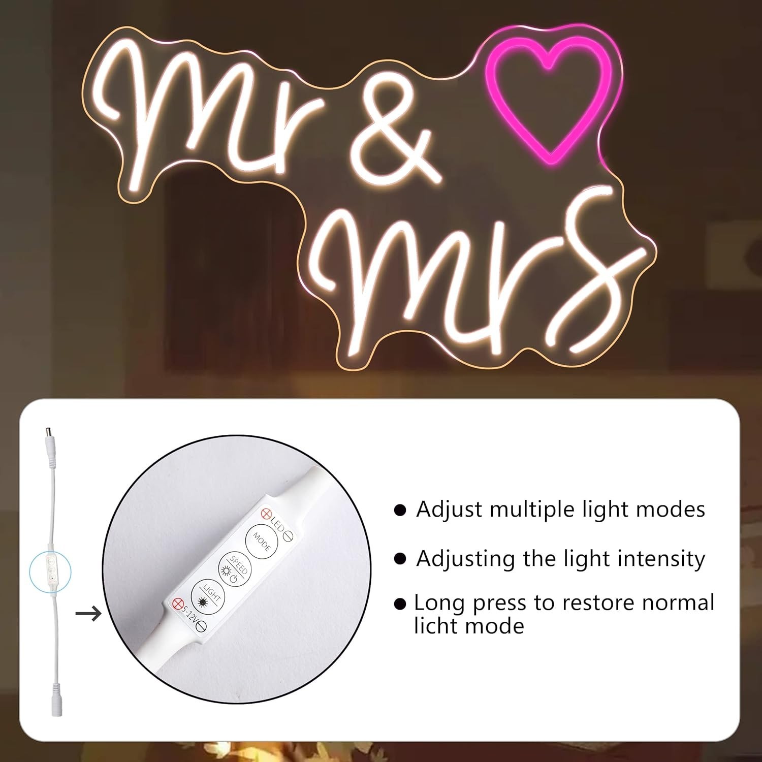 Led Neon Sign «Mr & Mrs» Heart 23″ x14″ Large 110V Wall Decor Wedding Party