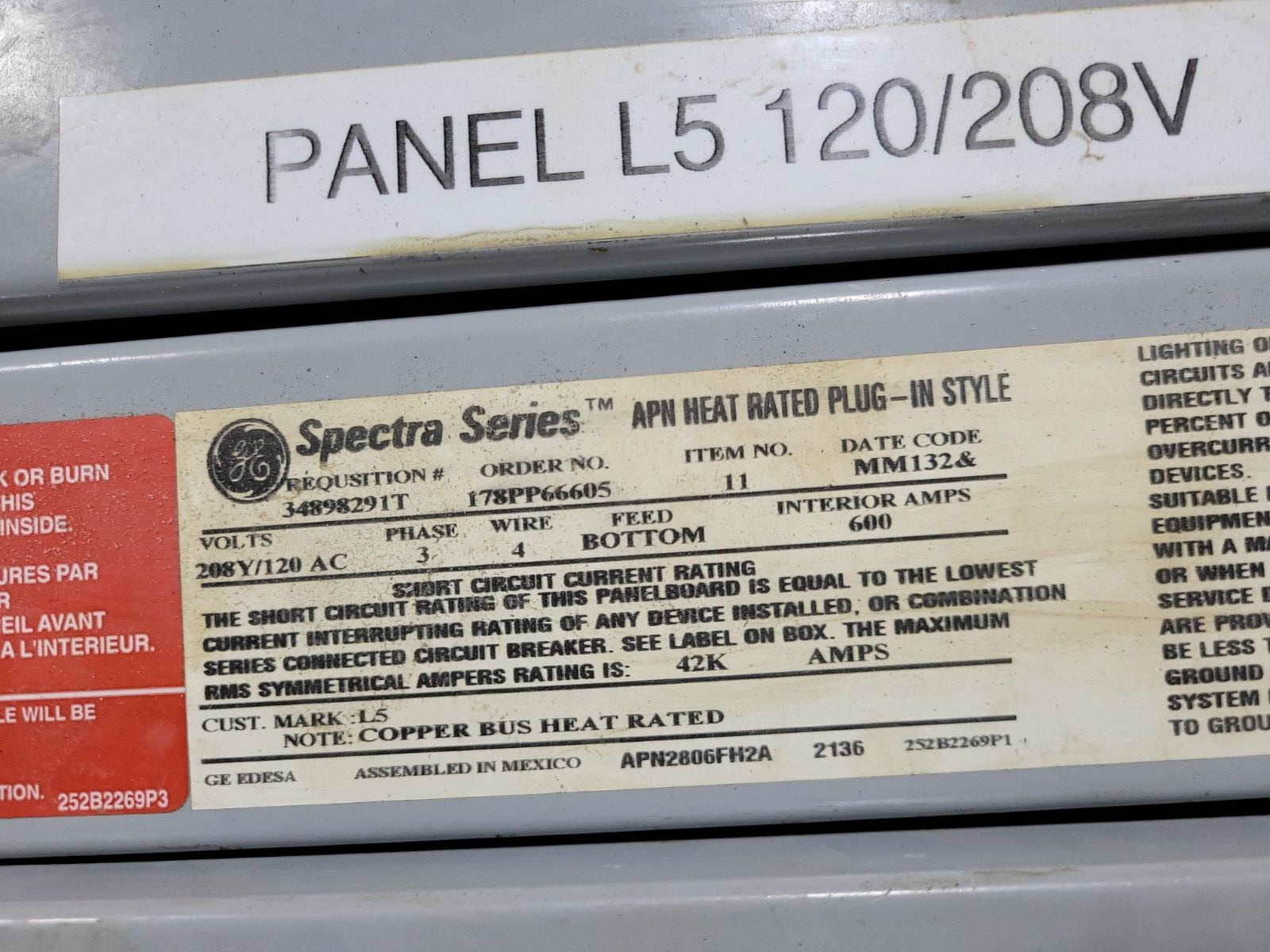 GE General Electric APN Spectra Series Panelboard 600 Amp 208Y/120 VAC 3PH 4W