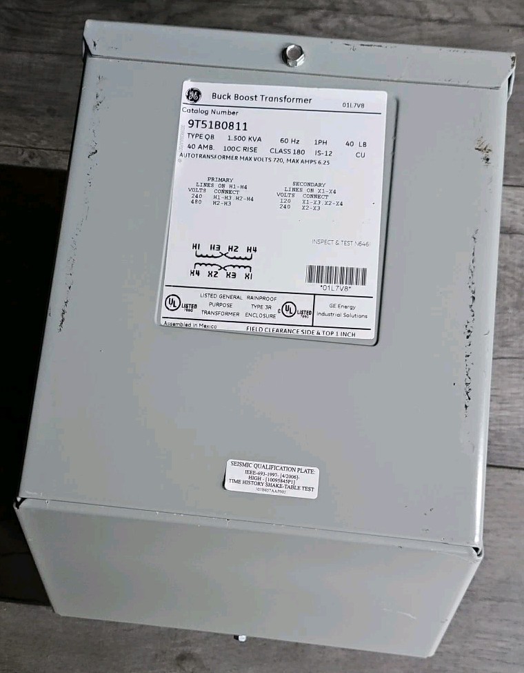 9T51B0811 GE 1.50 KVA 240x480V to 120/240V Buck Boost Transformer 7 Avail Tested