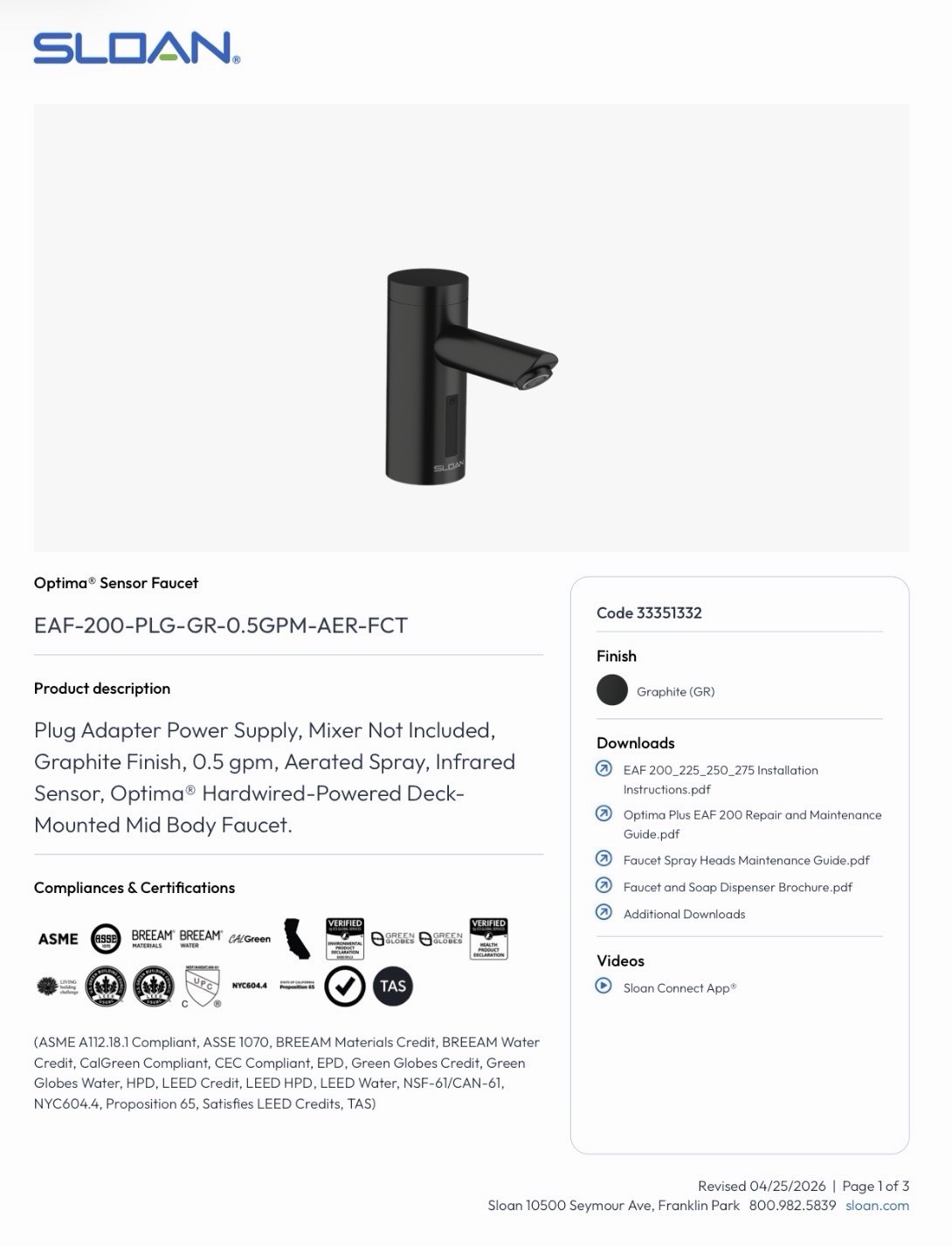 Sloan EAF200-PLG GR 33351332 (DOES NOT HAVE SIDE TEMPERATURE ADJUSTER)