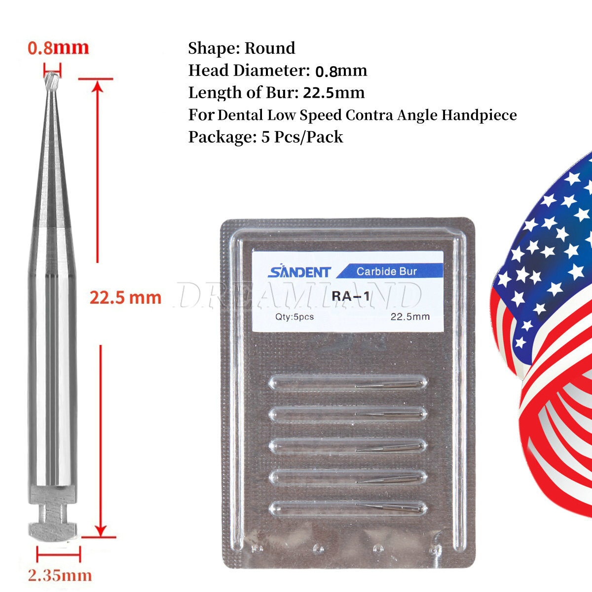 RA #1-8 Regular Round Carbide Burs for Slow Speed Latch Type RA1-RA8 Dental