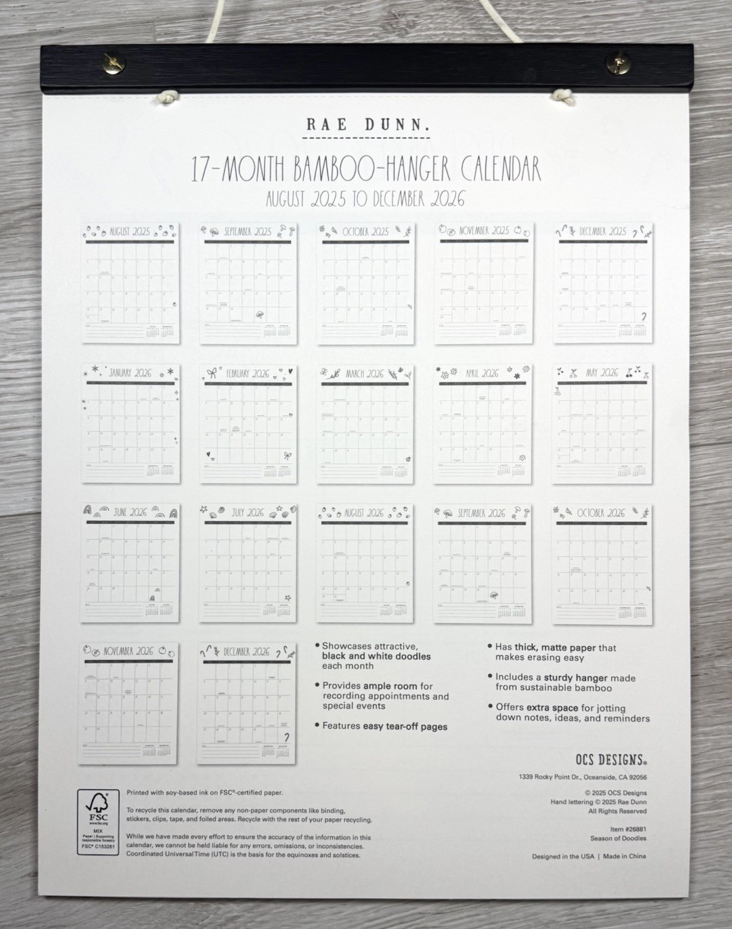 RAE DUNN 2026 Monthly Wall Calendar Bamboo Hanger Strawberry 🍓 LARGE