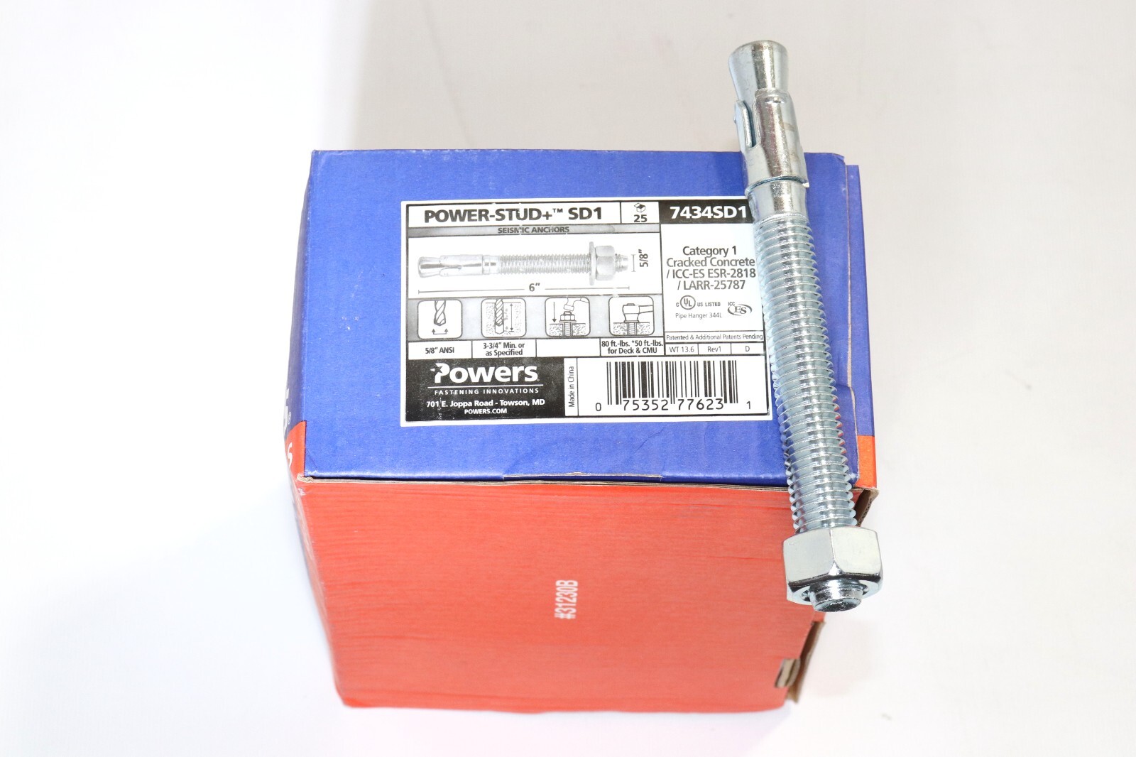 QTY.25- POWERS 7434SD1 5/8″ X 6″ POWER STUD + SD1 SEISMIC WEDGE CONCRETE ANCHORS