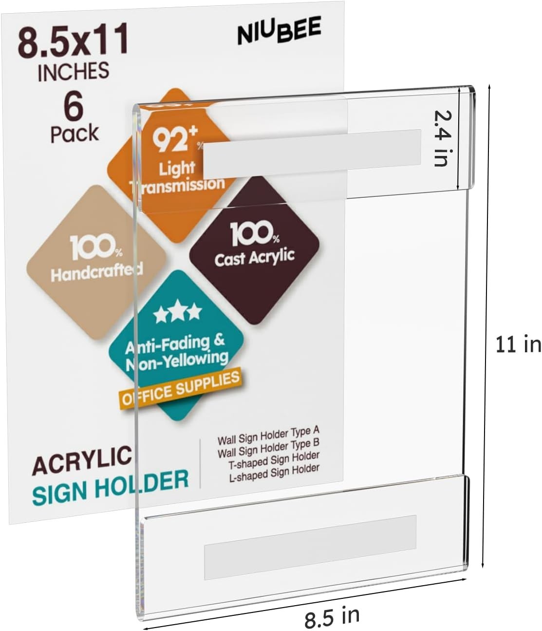 8.5 X 11 Acrylic Sign Holder Wall Mount Clear Frame 6 Pack | With Adhesive