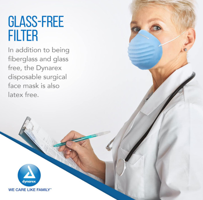 Dynarex Molded Face Mask, Fiberglass-free Adjustable, Blue, 1 Box of 50 Molded