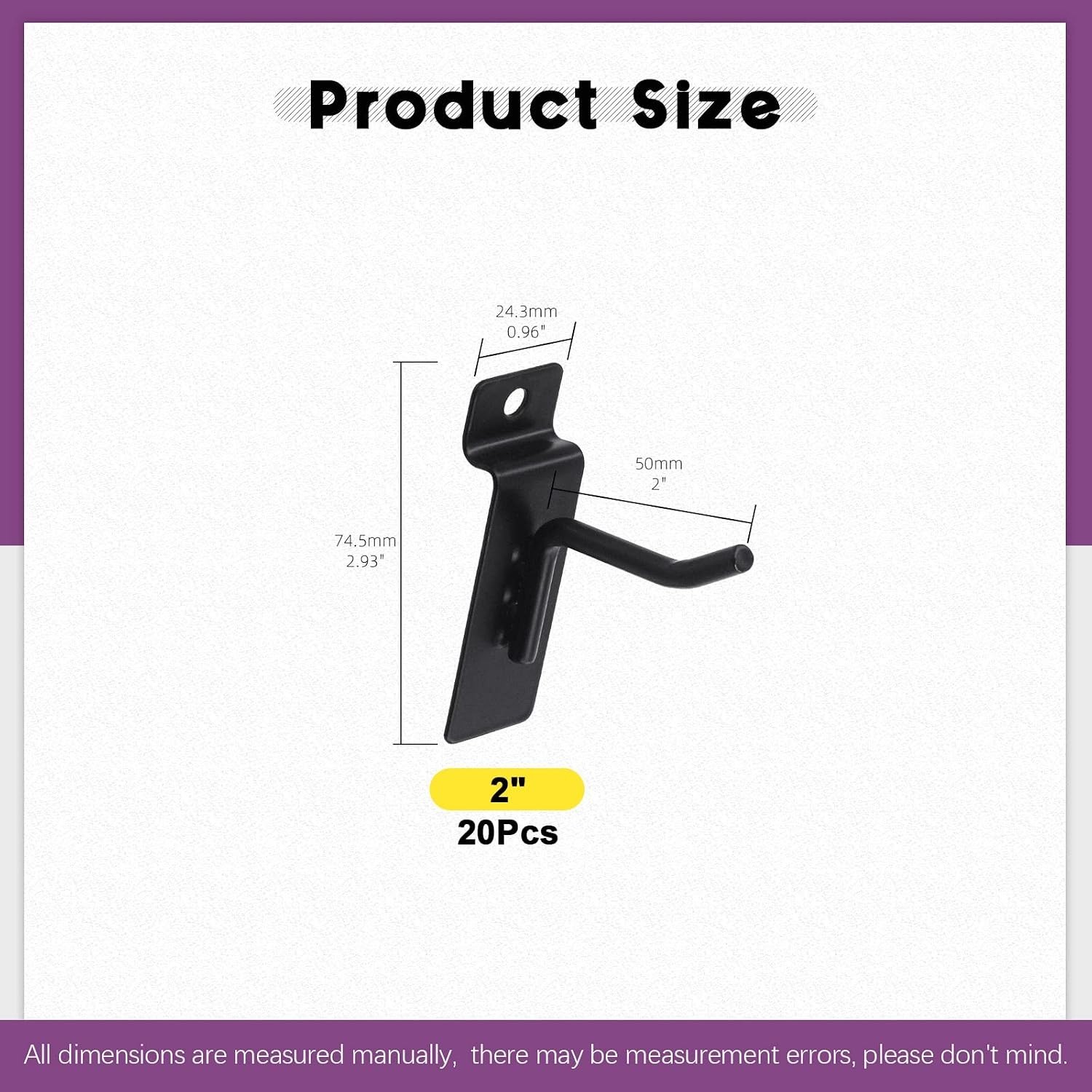 2-Inch Slatwall Hook Assortment Kit – 20 Durable Heavy-Duty Metal Hooks in Black