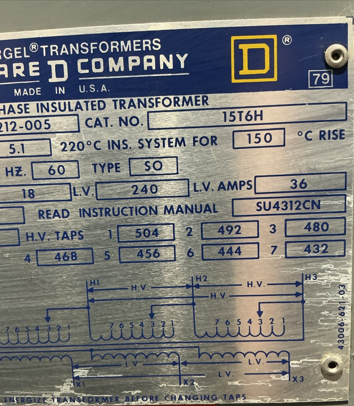 Square D 15 kVA 480V Transformer 3PH 60HZ 480Y/240V 15T6H 🟦