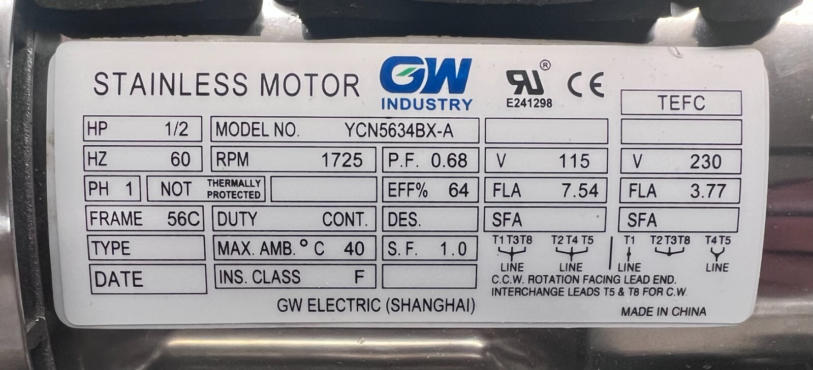 YCN5634BX 0.5 HP Stainless Steel Boat Lift Motor, 1725RPM, 115/230V, 56C no Base