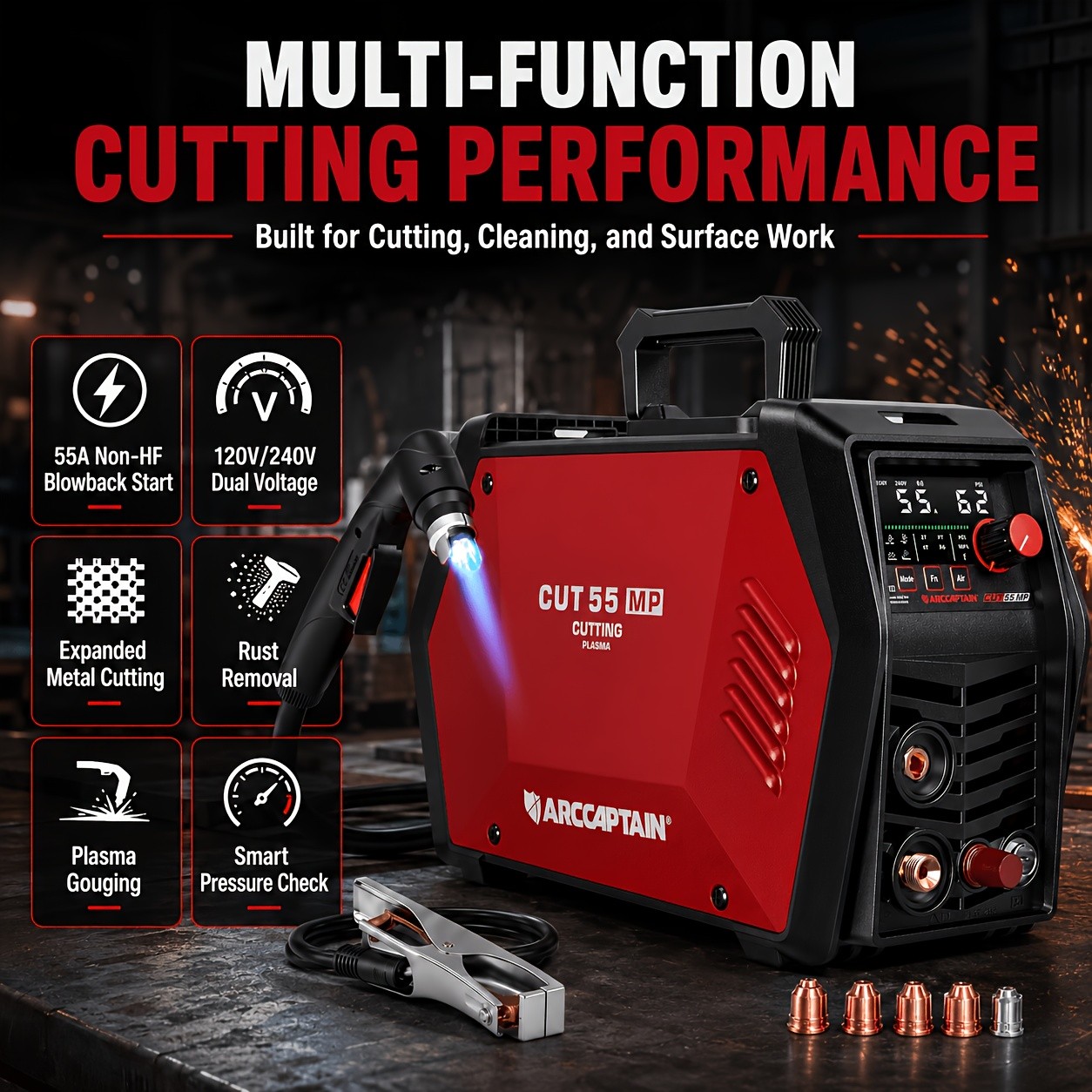 ARCCAPTAIN 55Amp Plasma Cutting Machine, Blowback Pilot Arc Cutter 120V/240V