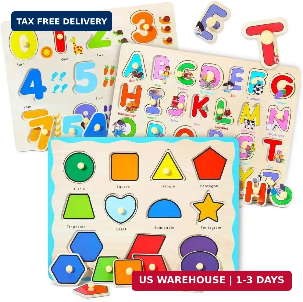 GRINNNIE Wooden Montessori Toddler Puzzles for 3 4 5 Years Old, 3 Pcs (Number, L