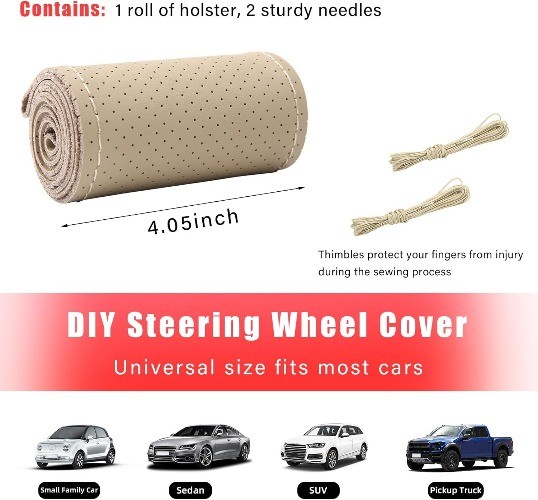 Genuine Leather Steering Wheel Cover, Breathable A Size: Full HoleColor: Beige