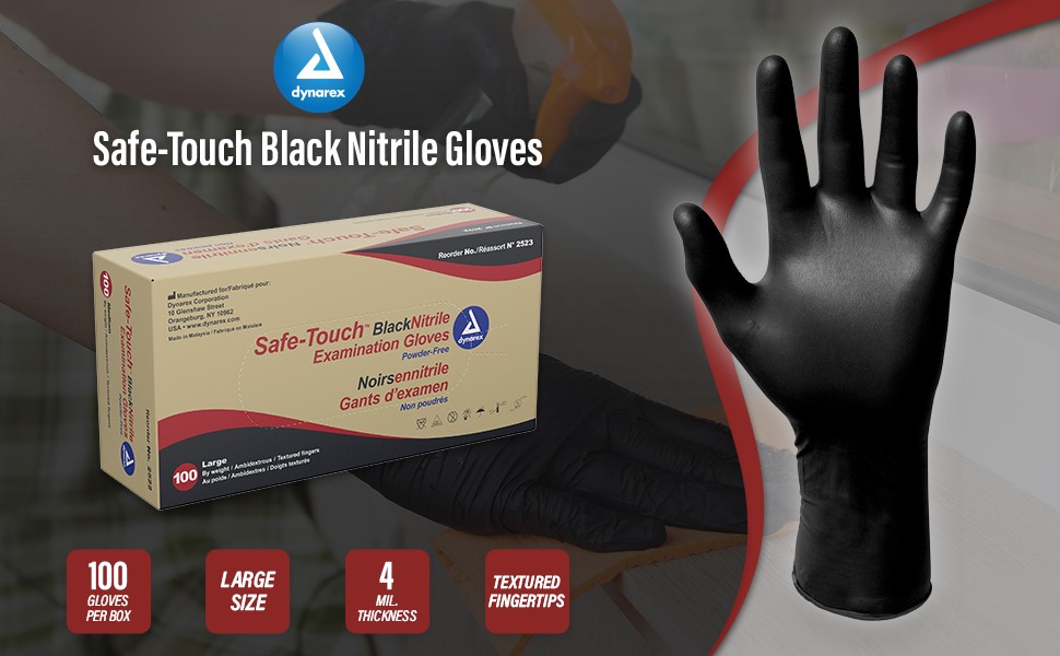 Safe-Touch Black Nitrile Exam Gloves, Powder-Free, Large, 1 Box of 100 Gloves,