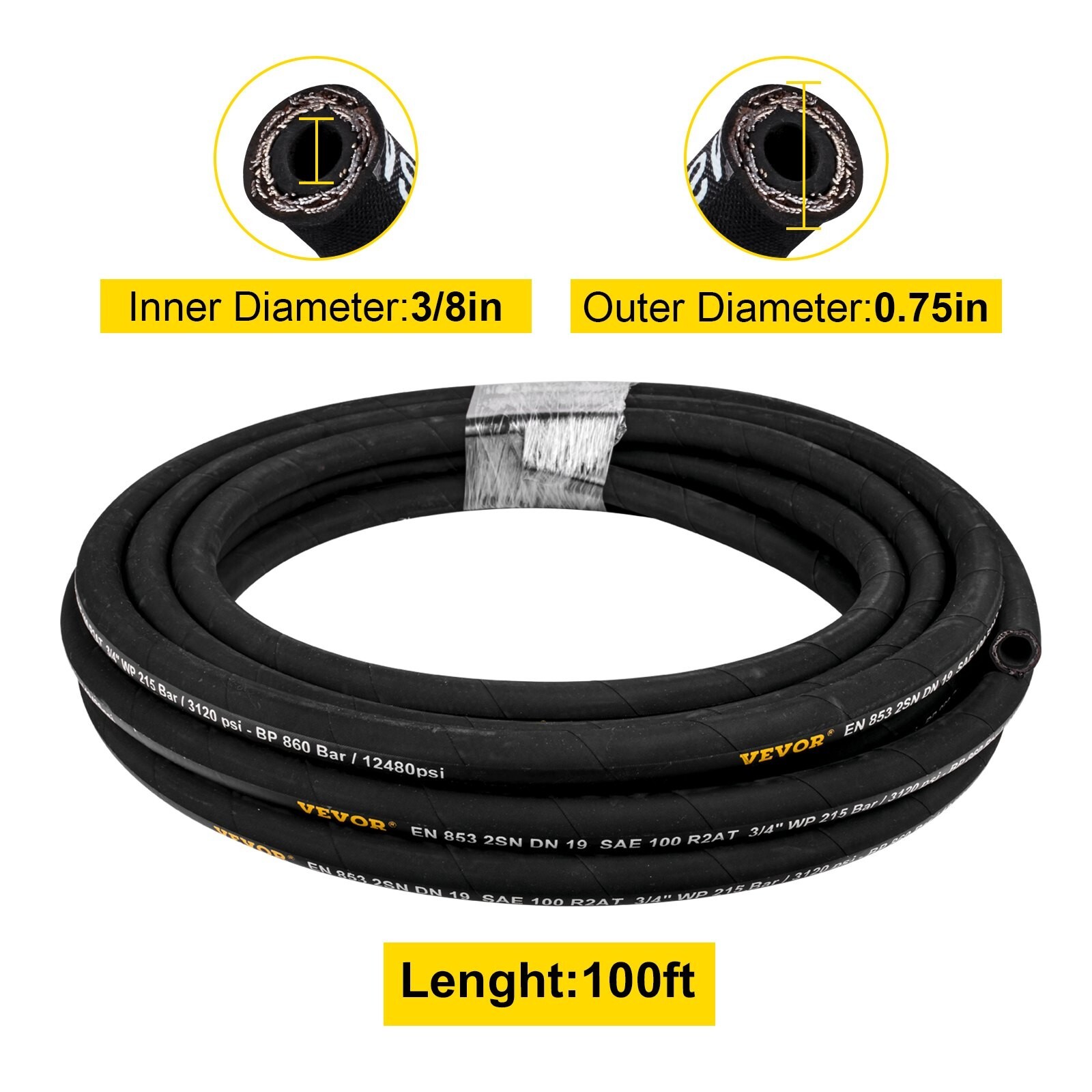 Hydraulic Hose 3/8 inch x 100 , Coiled Hydraulic Hose 4800 PSI, Rubber Oil HosE