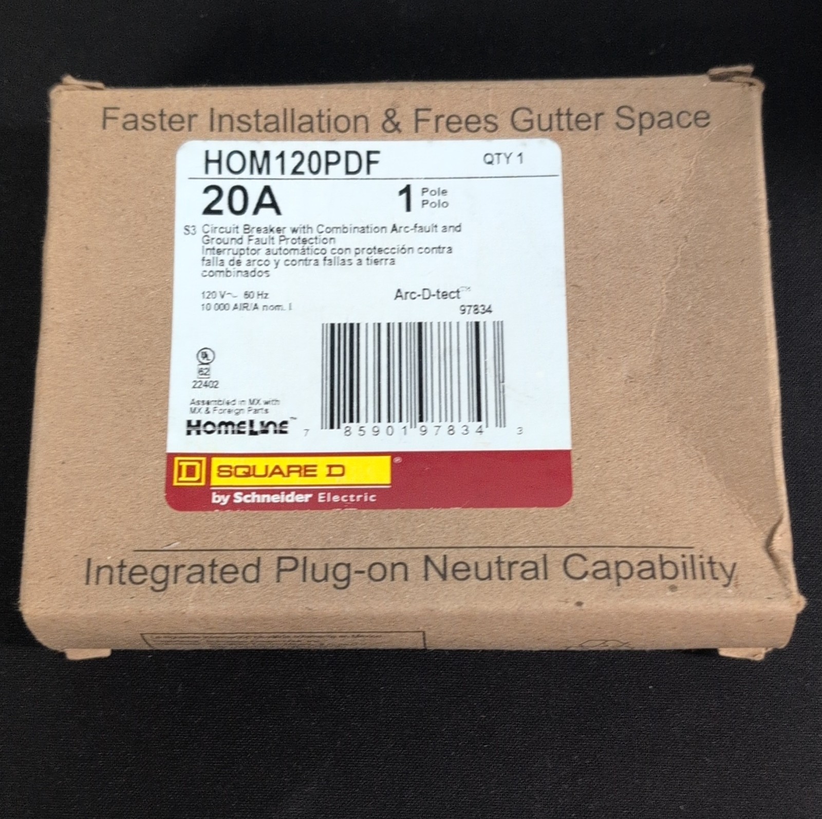 Square D HOM120PDF 20A Circuit Breaker AFCI/GFCI Plug-On Neutral 1-Pole 120V