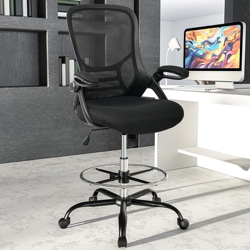 Drafting Chair High Back Ergonomic Stool Adjustable Footrest Flip Up Arms Mesh