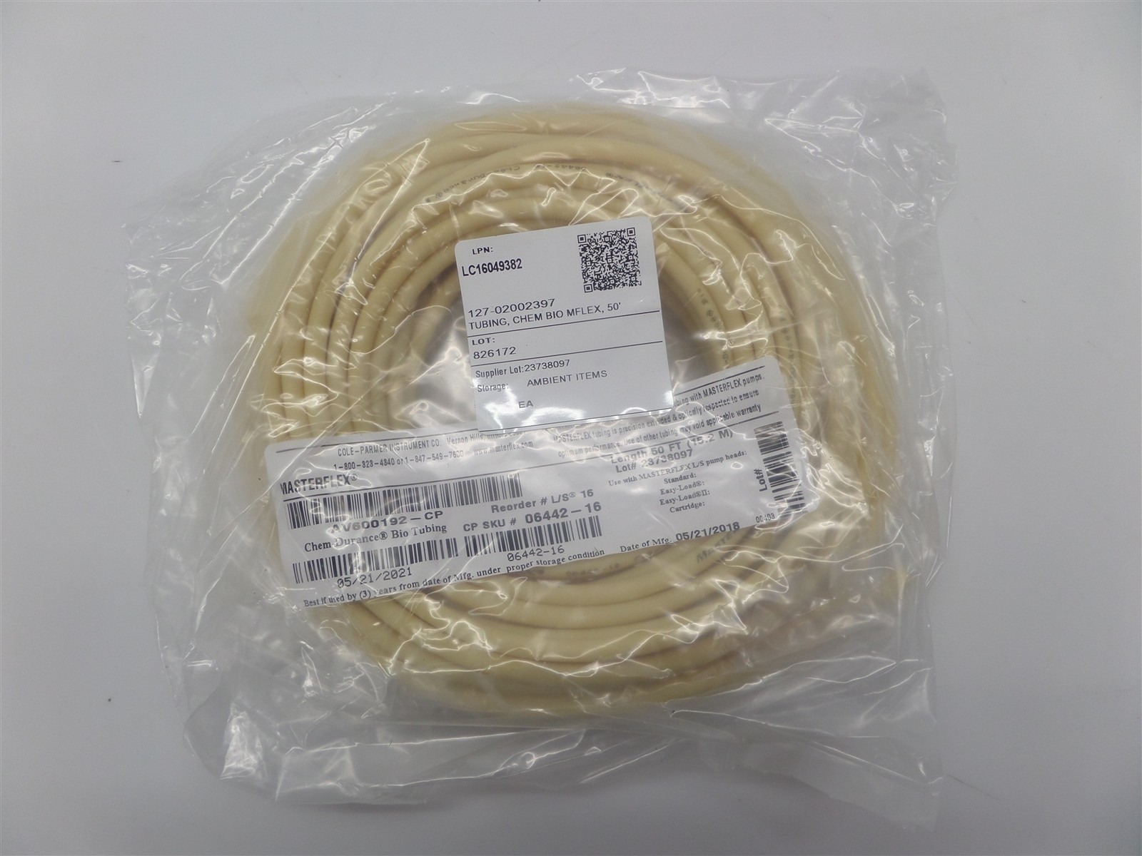 Cole-Parmer MasterFlex AV600192-CP 50Ft. 15.2m Chem-Durance Bio Tubing 06442-16
