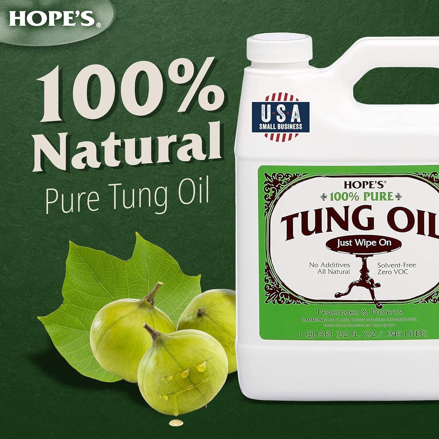 100% Pure Tung Oil, Food Safe, Premium Waterproof Natural Wood Finish and