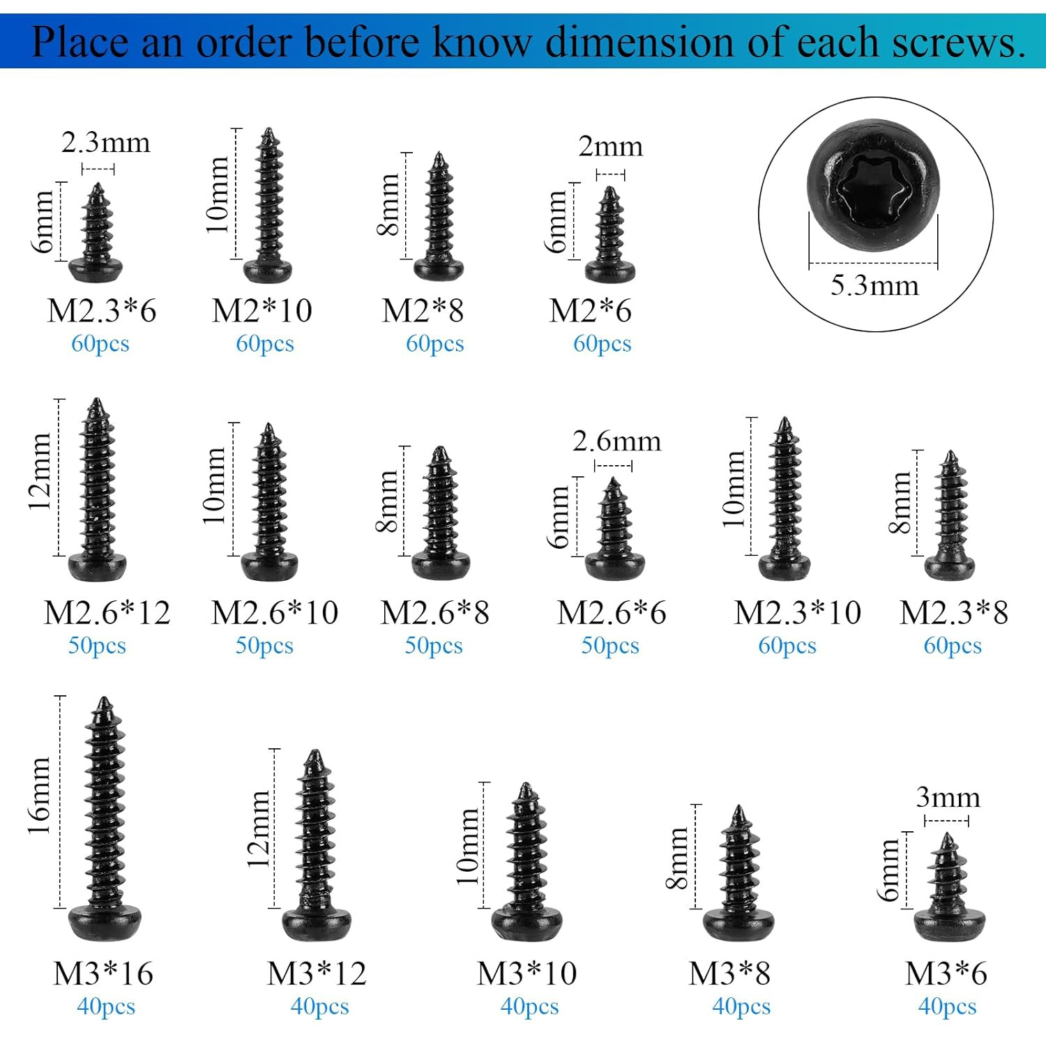 760Pcs Torx Pan Head Self Tapping Screws Kit, Black Carbon Steel, 15 Sizes
