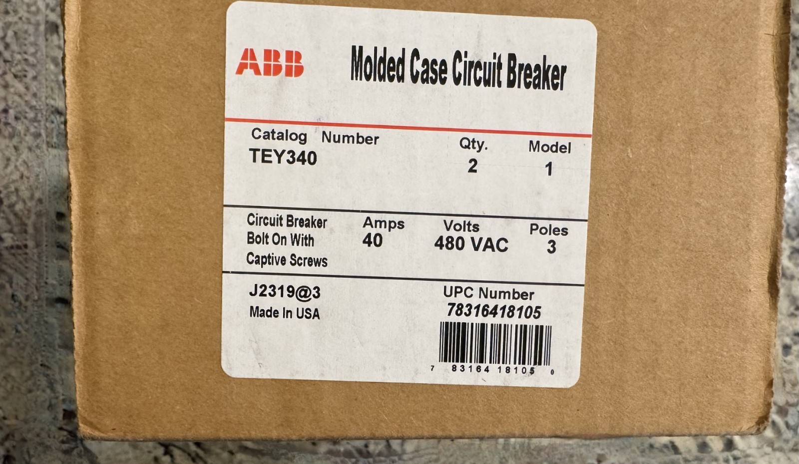 2x Pack Lot ABB TEY340 Molded Circuit Breaker 40A 480VAC 3Pole MADE USA