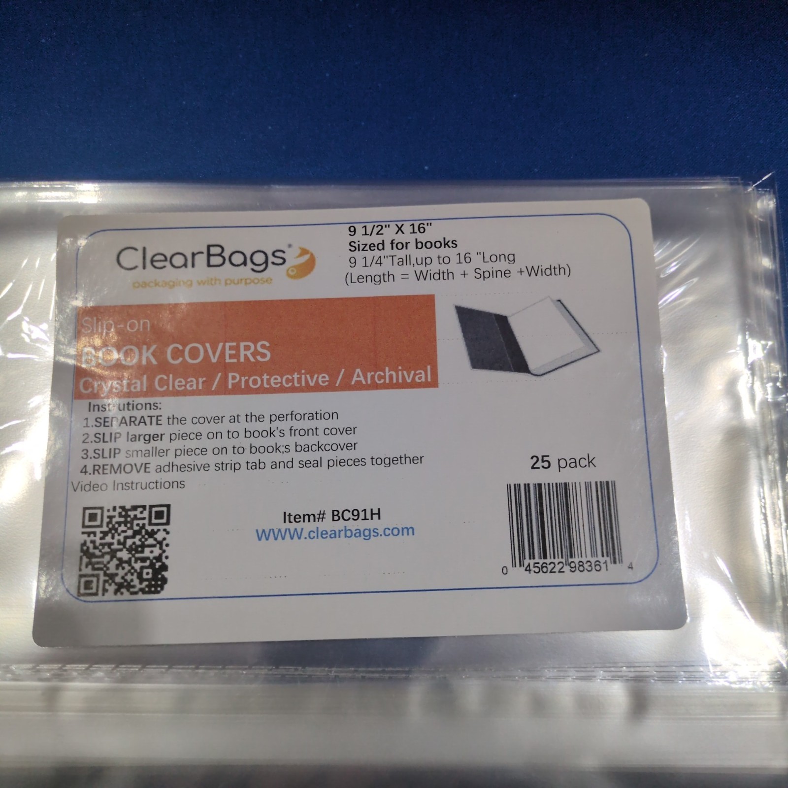 CLEARBAGS® Clear Slip-on Book Covers 9 1/2″ x 16″ 25 pack BC91H