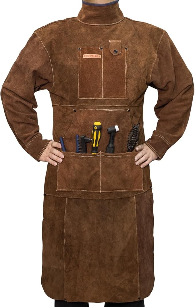 Heat Resistant Leather Welding Apron with Sleeve & 6 Pockets, Brown