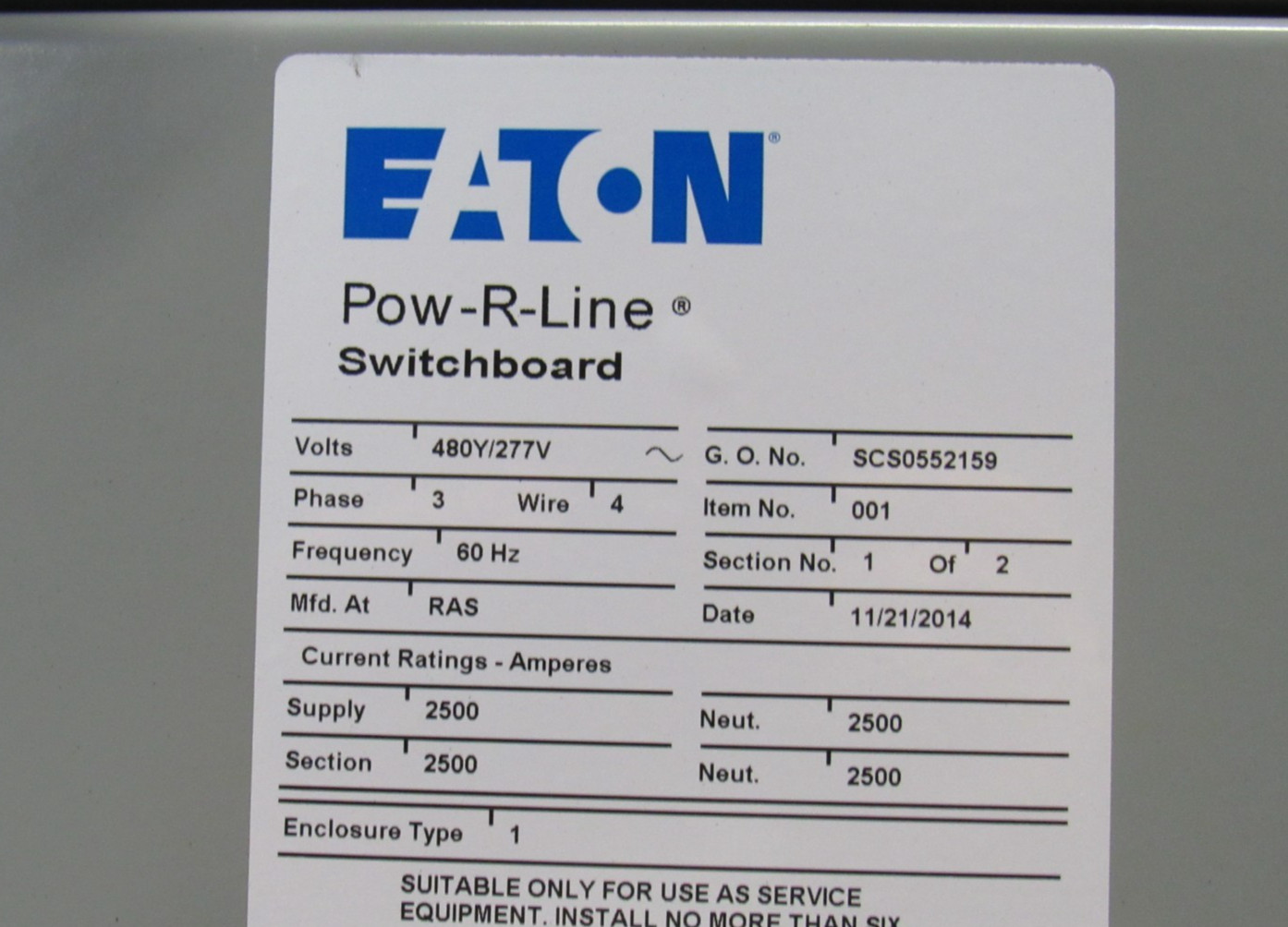 Eaton Pow-R-Line SCS0552159 Switch Gear Board 480/277V 3Ph W/ 2500 A Amp Main