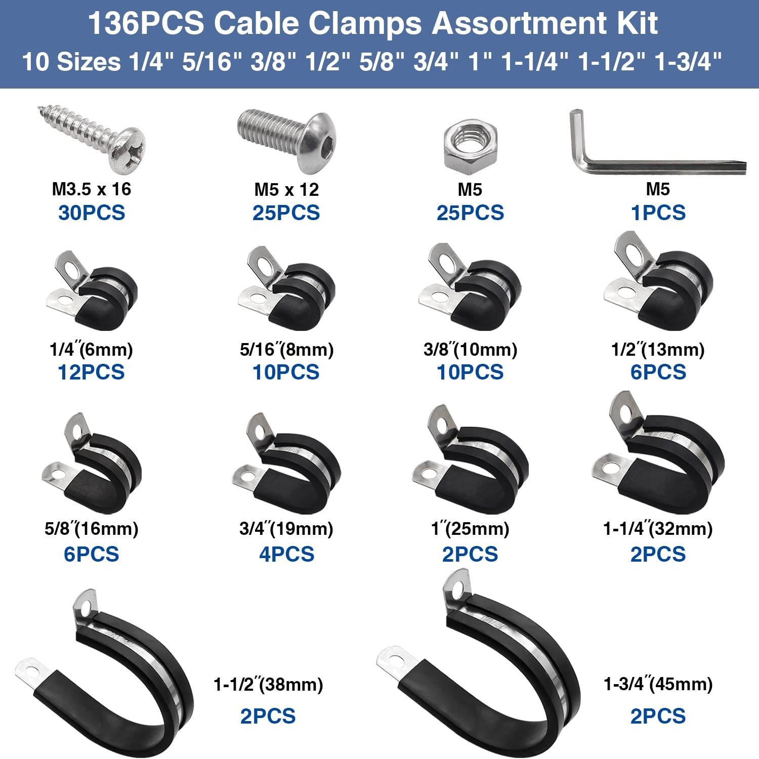 136PCS Cable Clamps Assortment Kit,10 Sizes 304 Stainless Steel Rubber Cushion