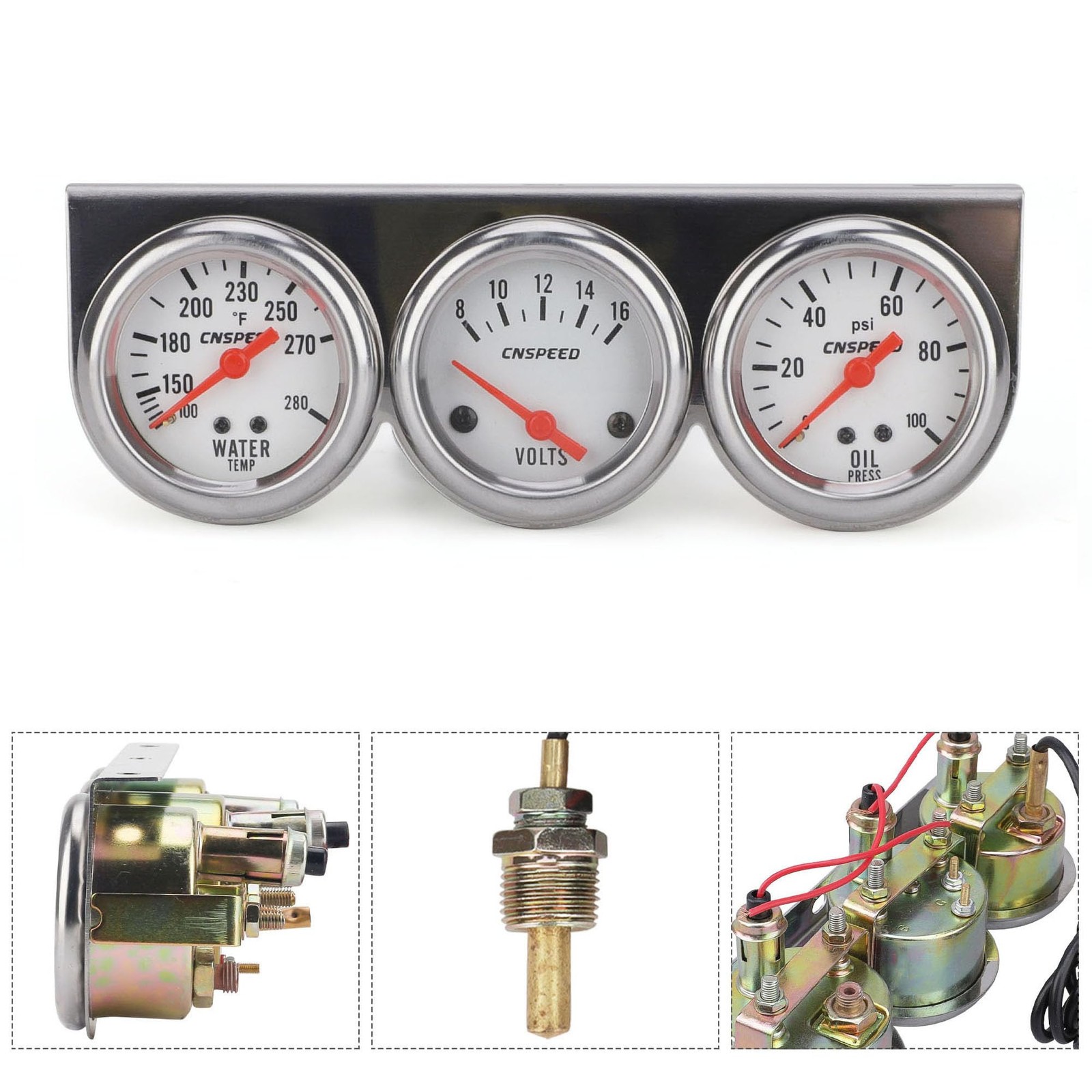 CNSPEED 2″ 52mm Triple Gauge Kit Volt, Water Temp, Oil Pressure Auto Gauge Set