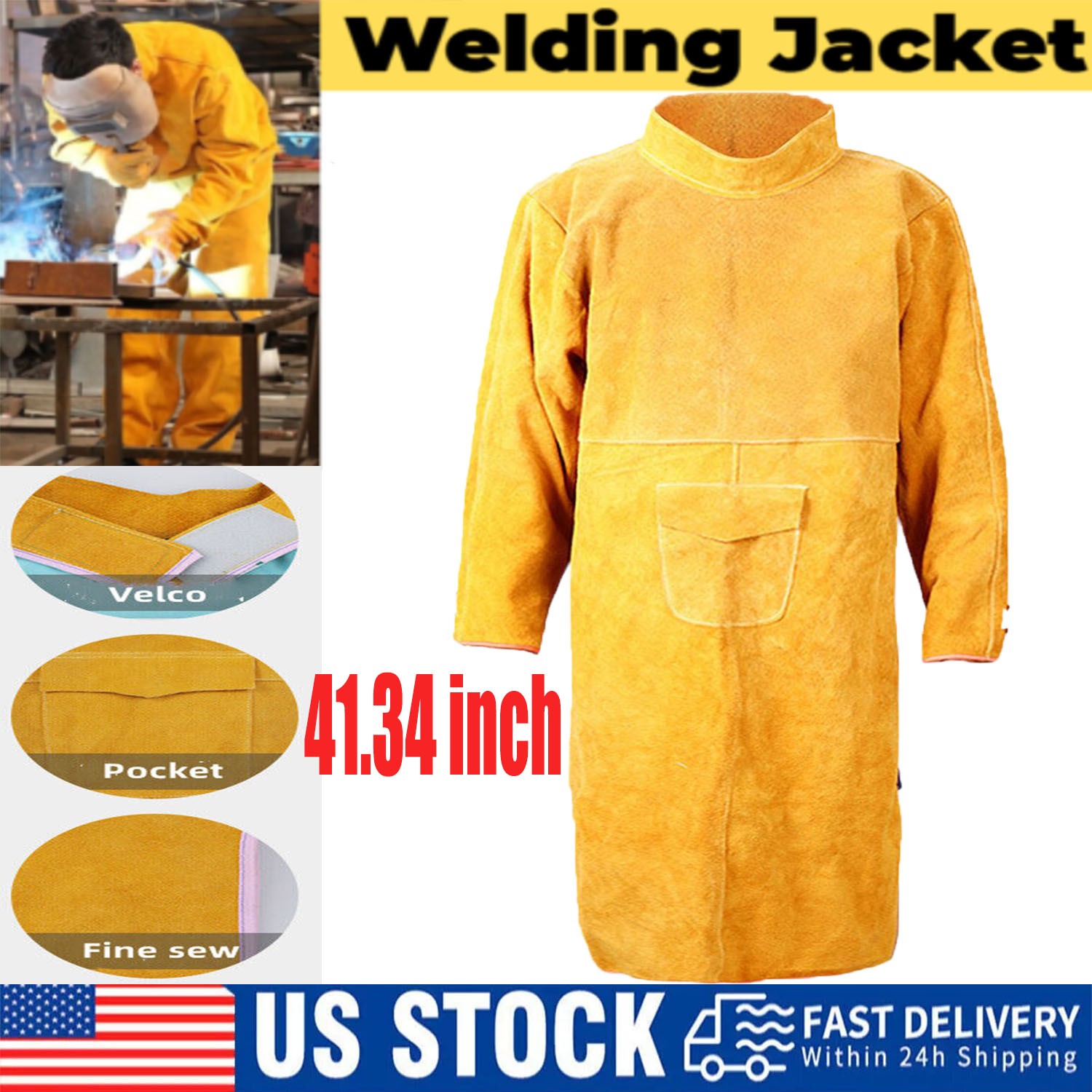 41.33 inch Cowhide Leather Welding Jacket Coat Flame-Resistant Welder for Men US