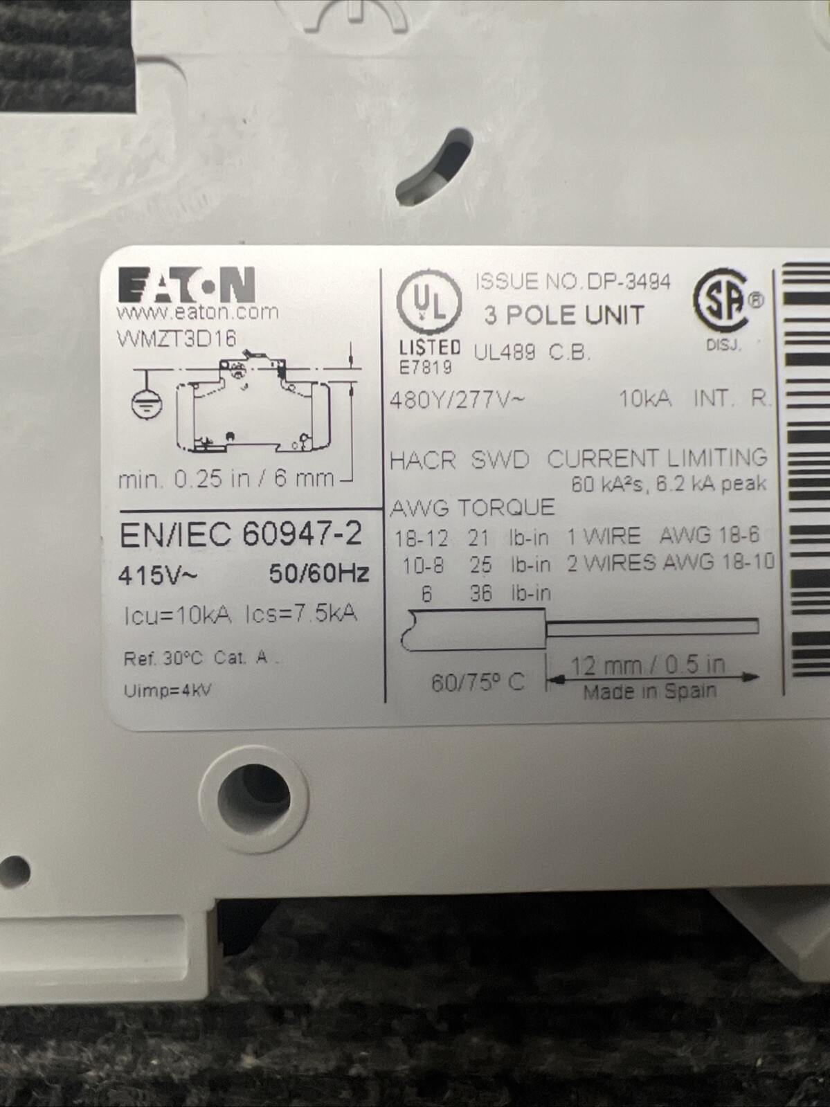 New EATON WMZT3D16 Circuit Breaker 16A 10kA Type D UL489 BT