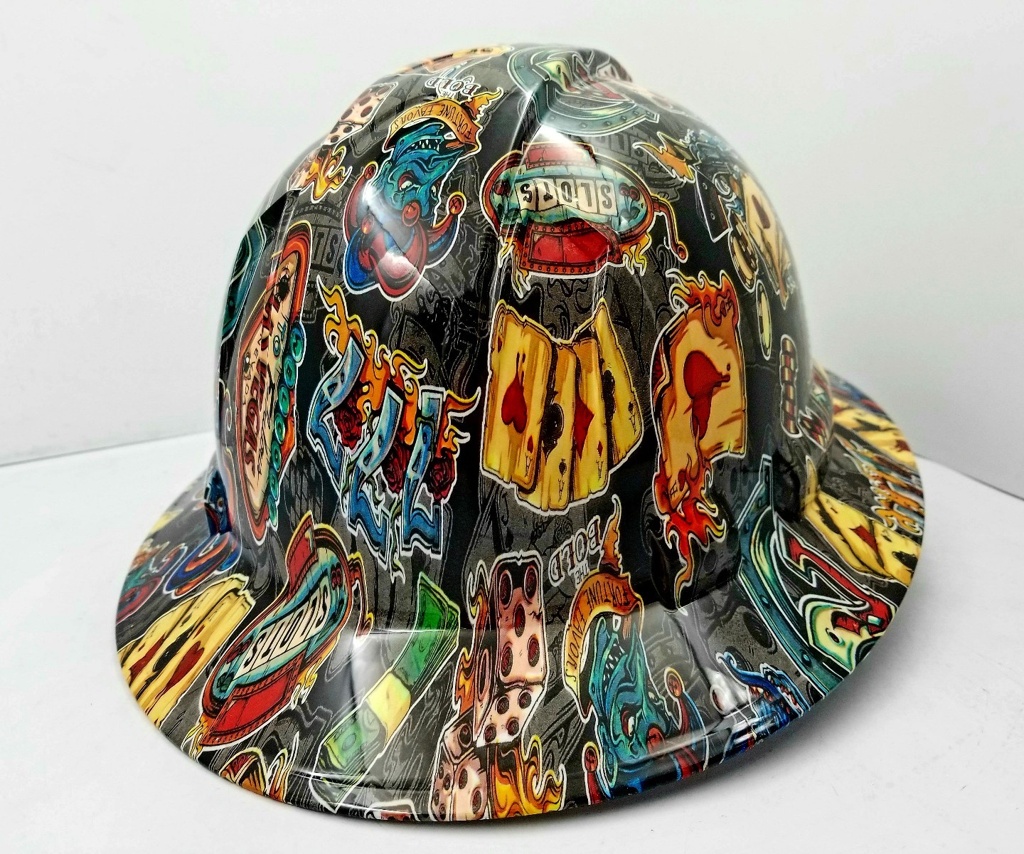 FULL BRIM Hard Hat custom hydro dipped , NEW WICKED GAMBLER OSHA APPROVED NEW
