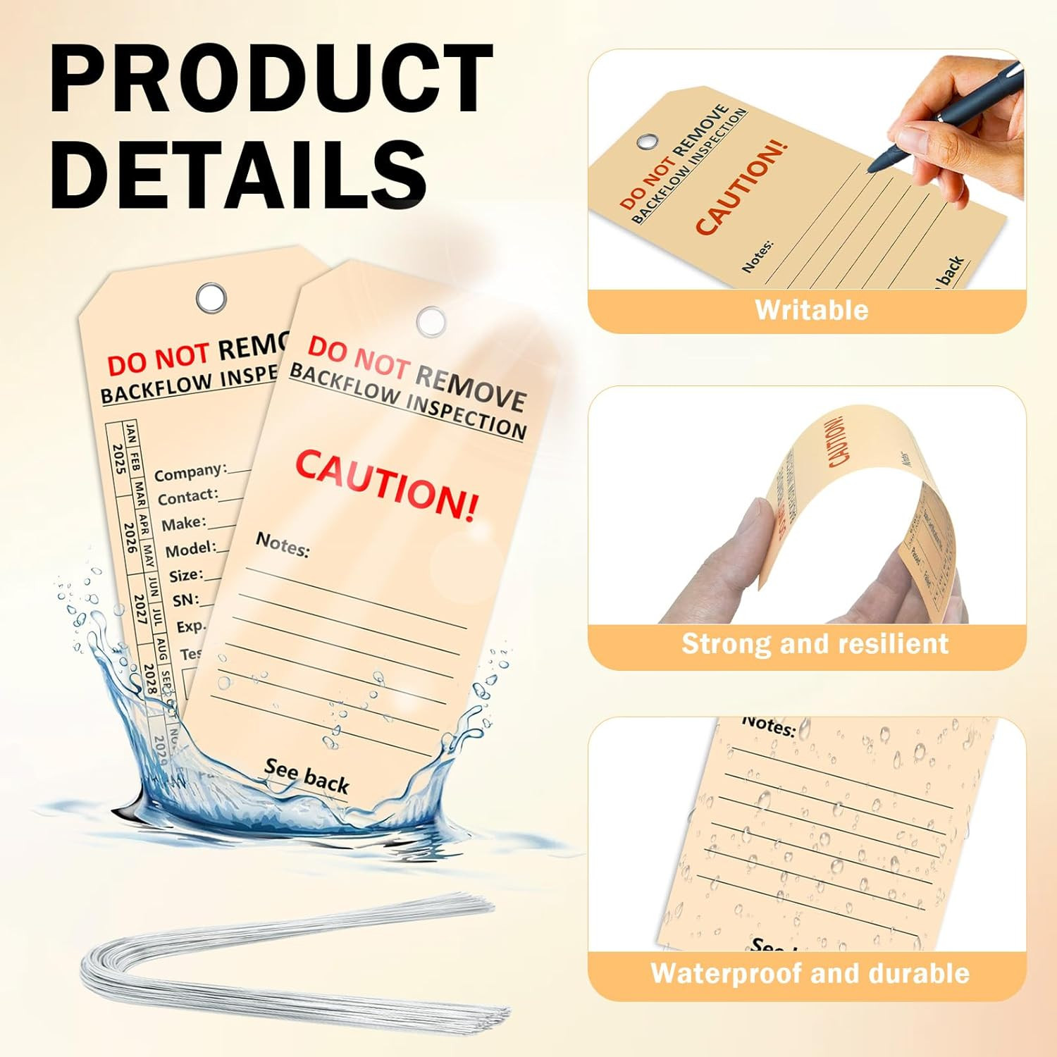 100 PCS Waterproof Backflow Inspection Tags Record Heavy 10 Mil Synthetic Paper