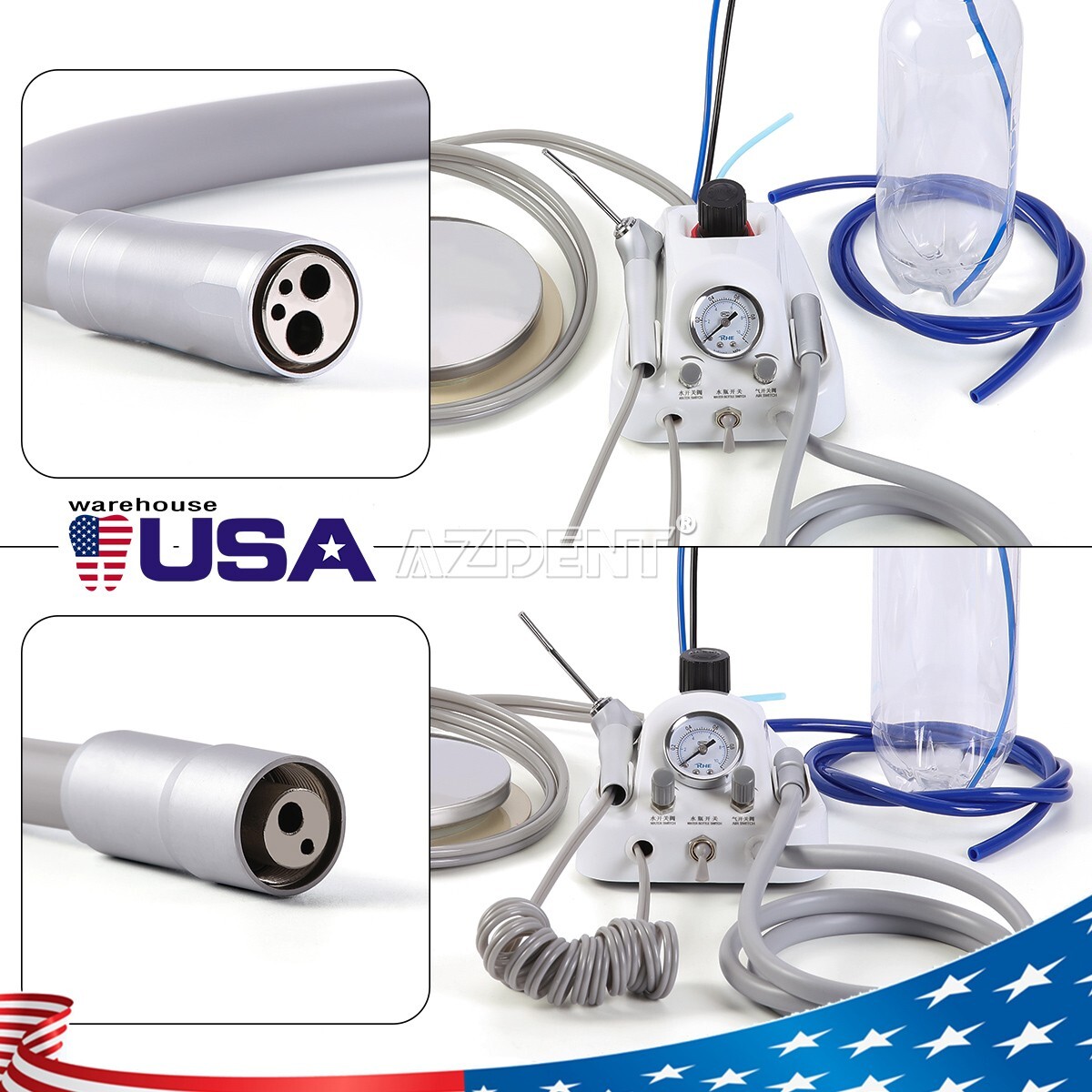 Portable Dental Turbine Unit 3 Way Syringe work with Air Compressor 2/4Holes USA