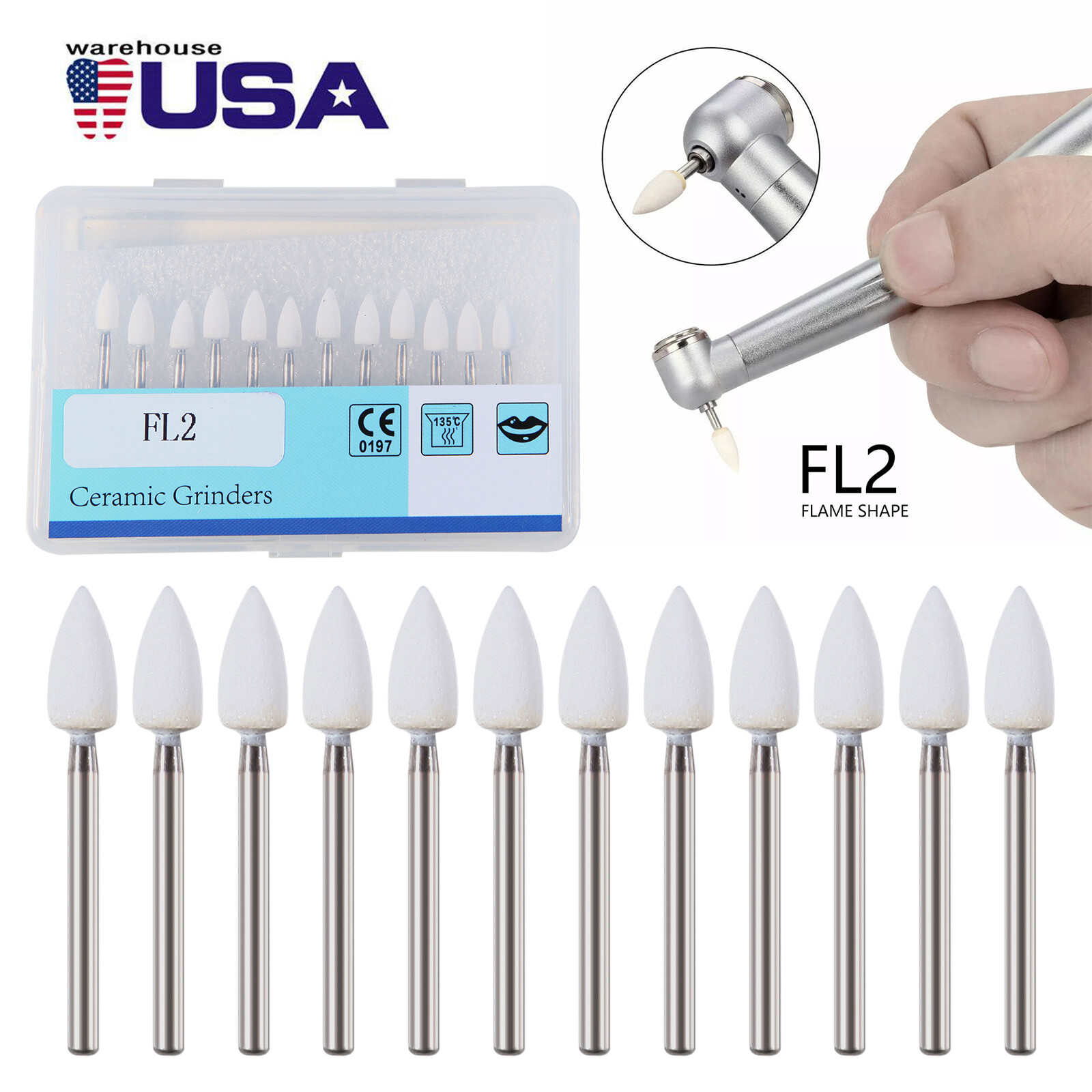 12PCS Dental White Stone High Speed Polishing Burs FG Flame Aluminum Oxide USA